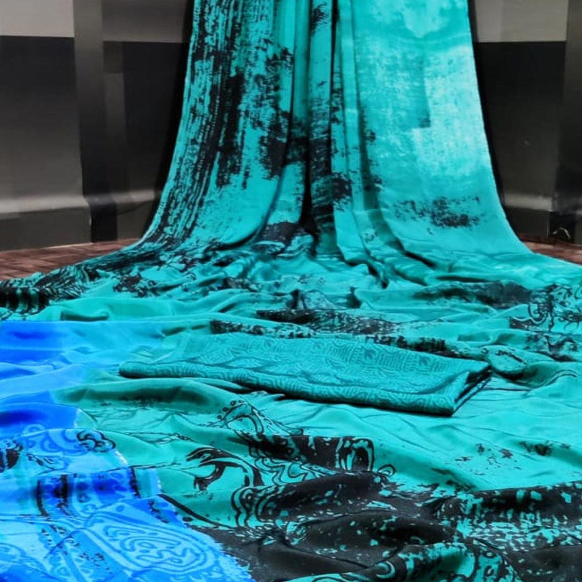 Stunning Blue Colored Partywear Printed Silk Crepe Saree - Peachmode
