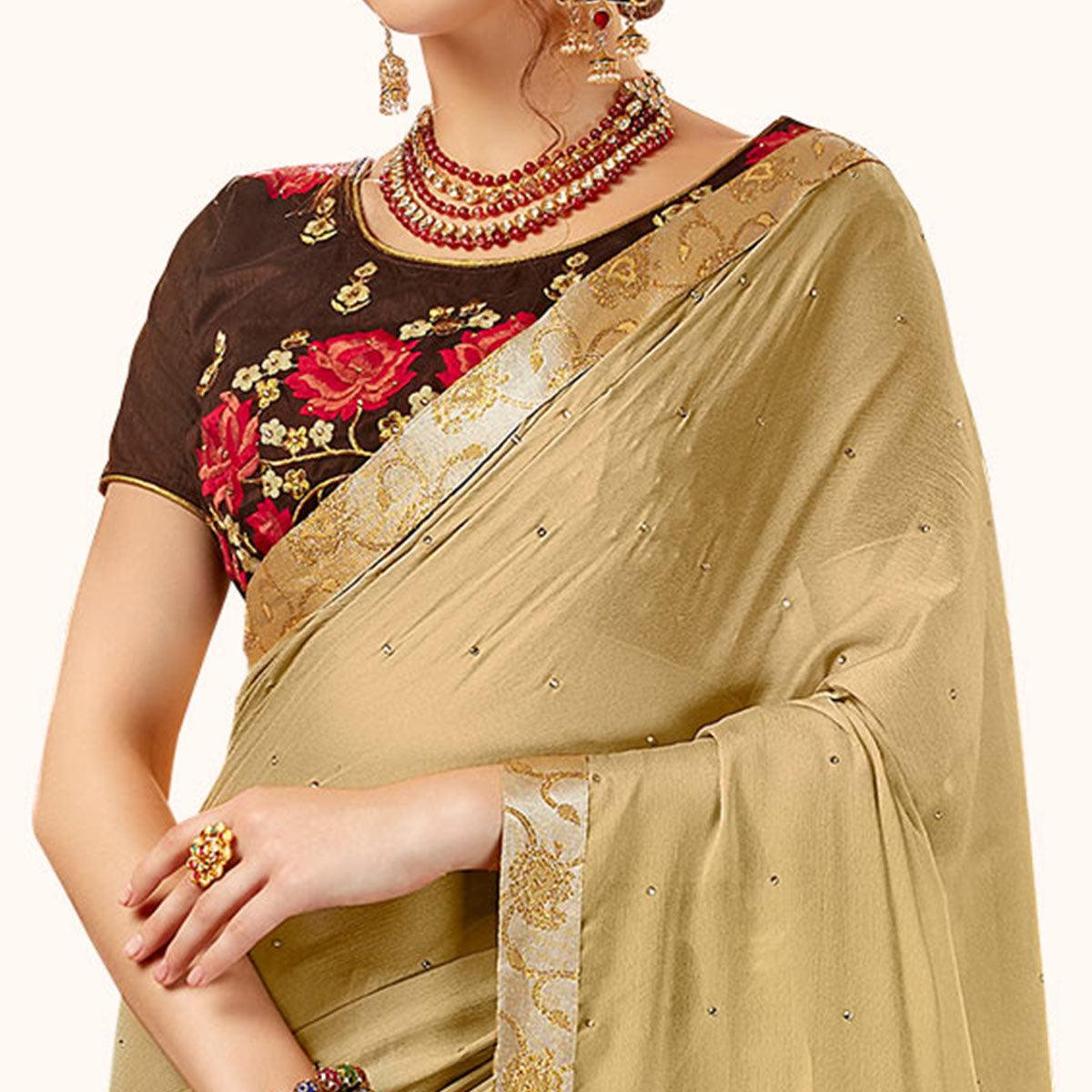 Stunning Chiku Colored Partywear Georgette Saree - Peachmode