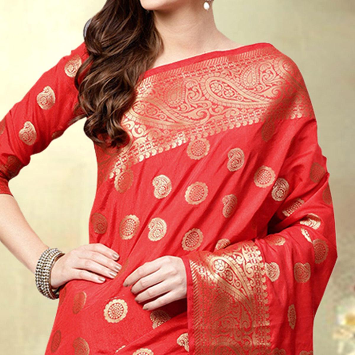 Stunning Deep Red Colored Festive Wear Woven Silk Saree - Peachmode