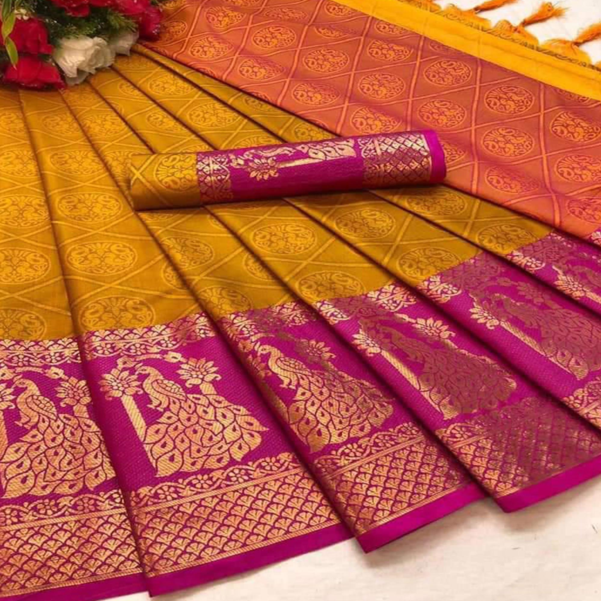Stunning Gold Coloured Festive Wear Woven Cotton Silk Saree - Peachmode