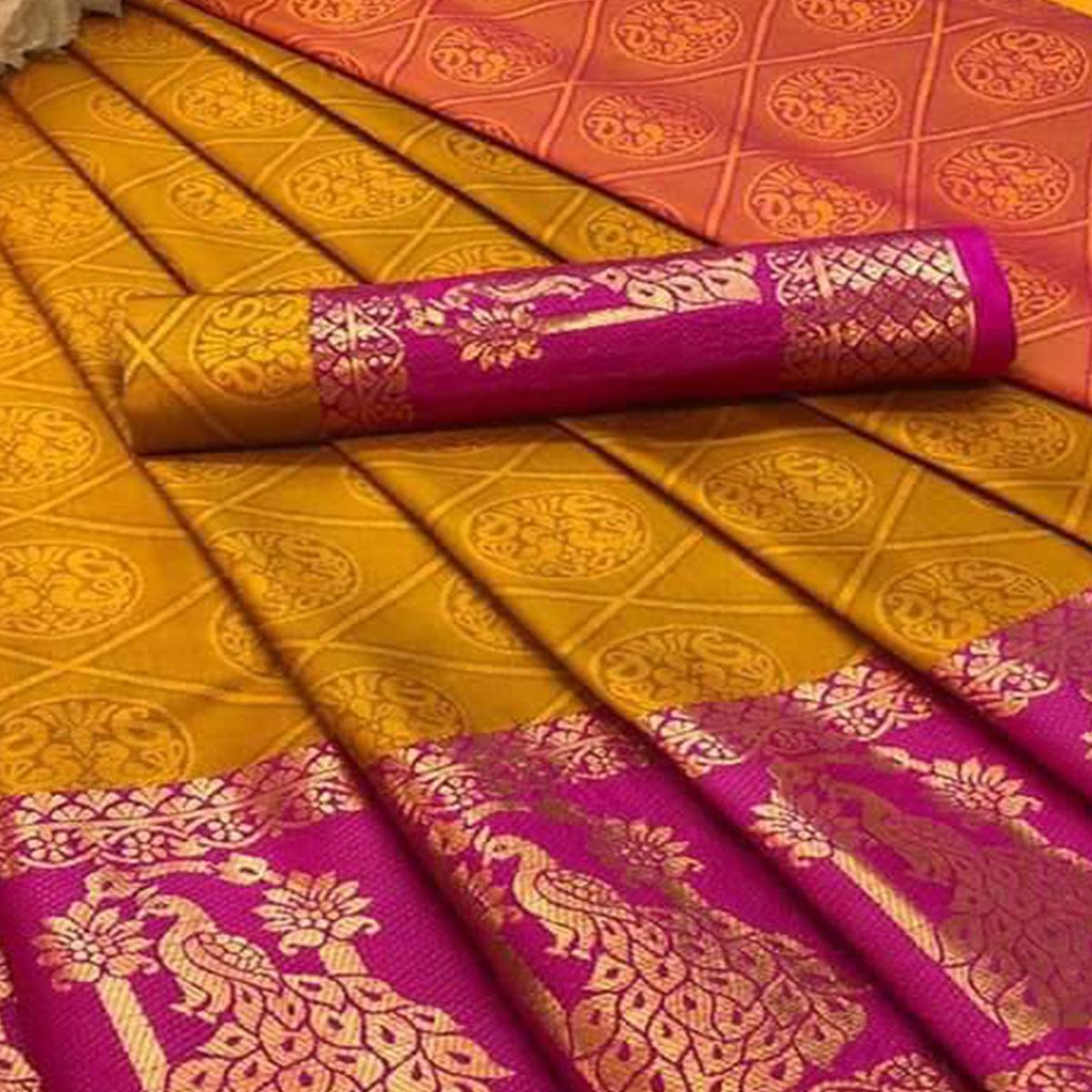 Stunning Gold Coloured Festive Wear Woven Cotton Silk Saree - Peachmode