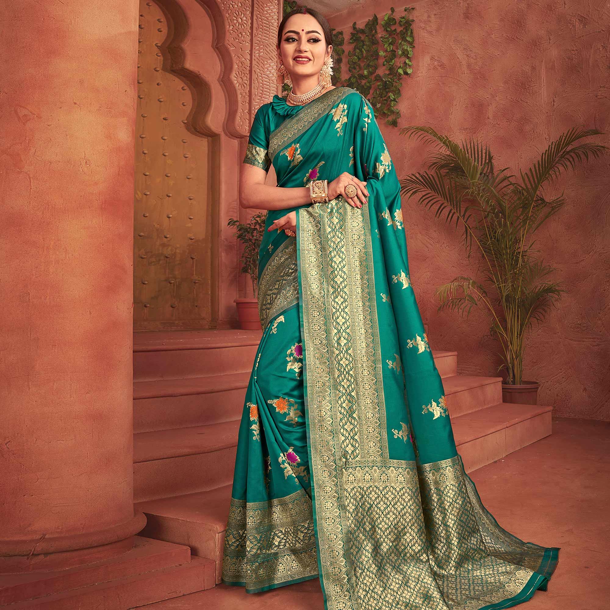 Stunning Green Colored Festive Wear Woven Designer Silk Saree - Peachmode