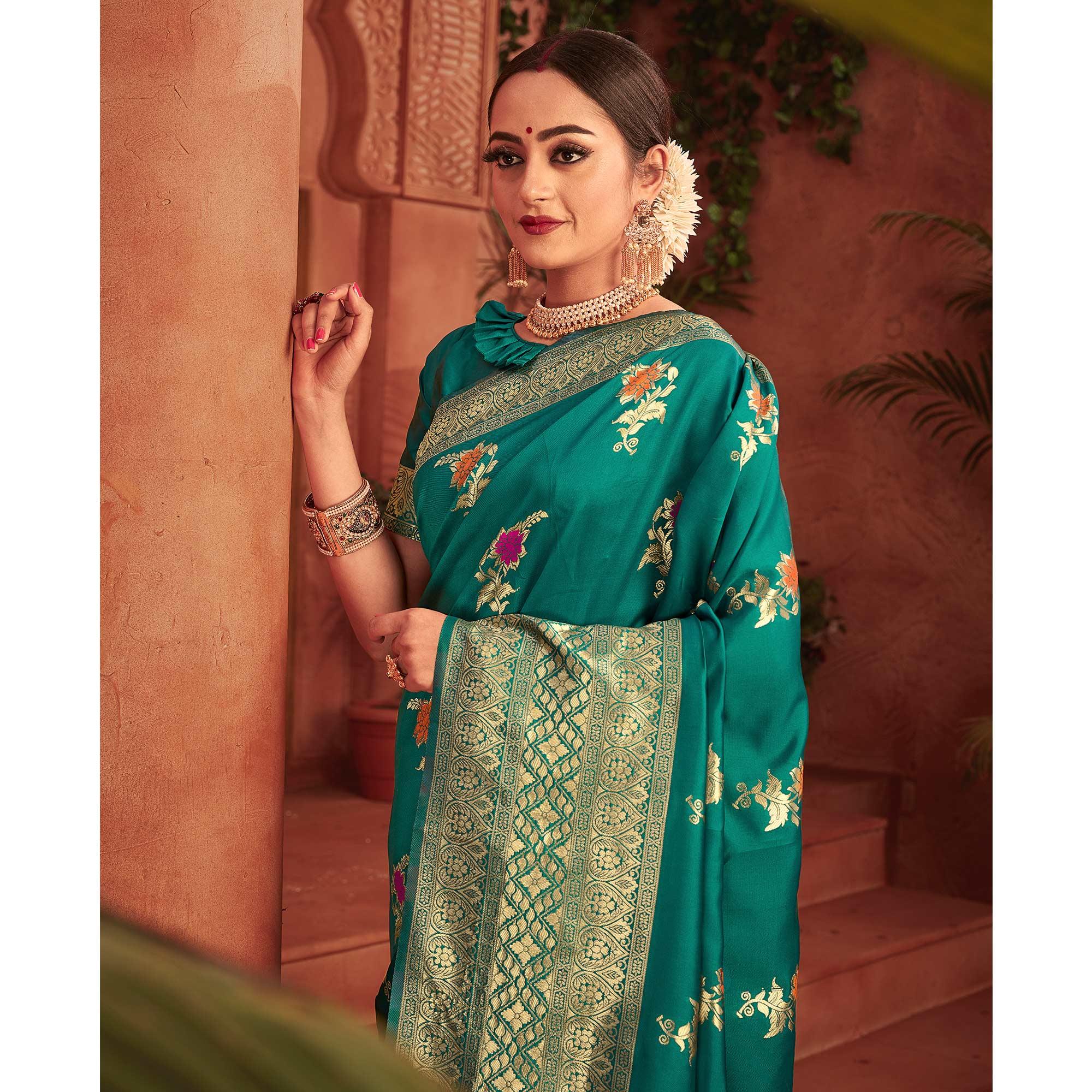 Stunning Green Colored Festive Wear Woven Designer Silk Saree - Peachmode