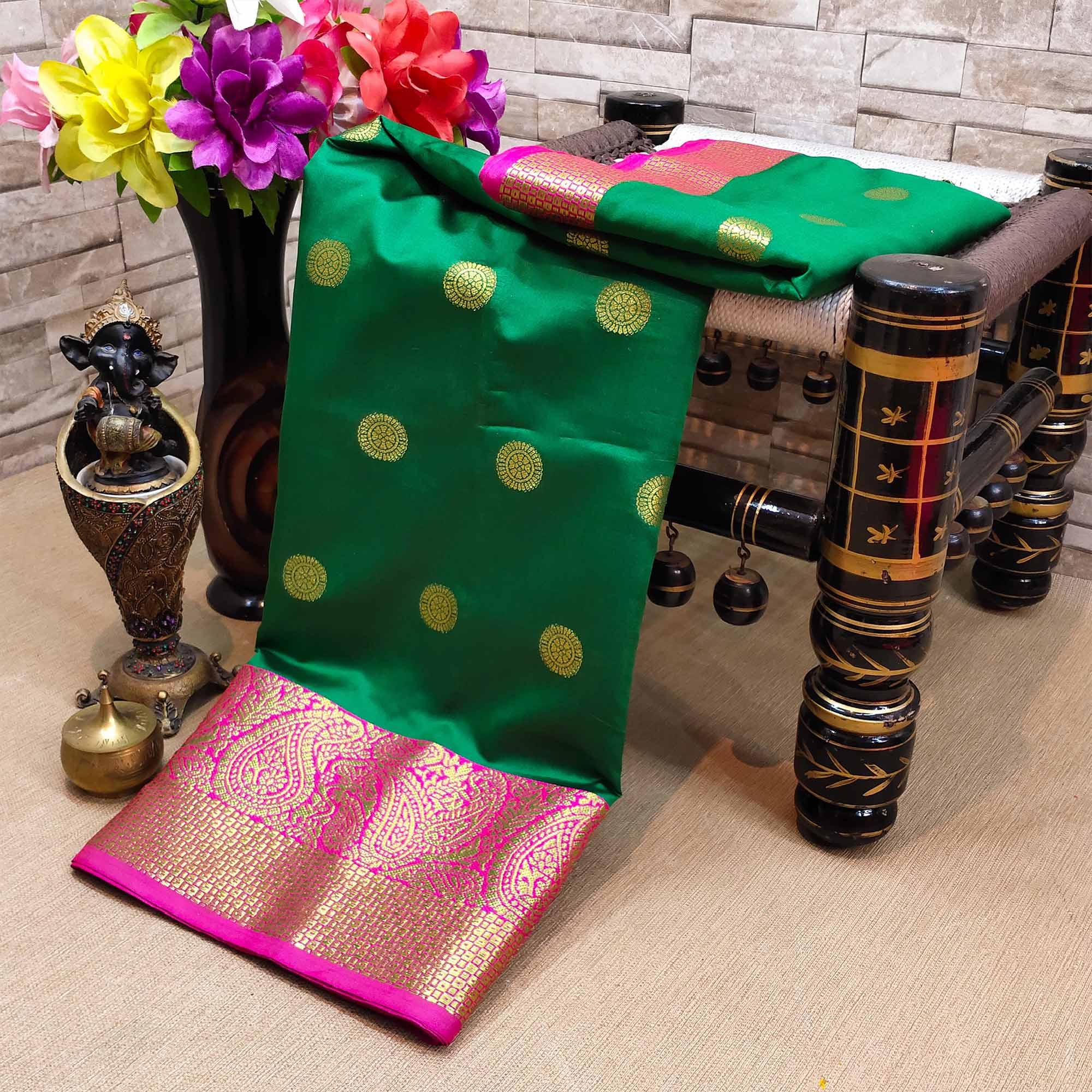 Stunning Green Colored Festive Wear Woven Kanjivaram Silk Saree - Peachmode