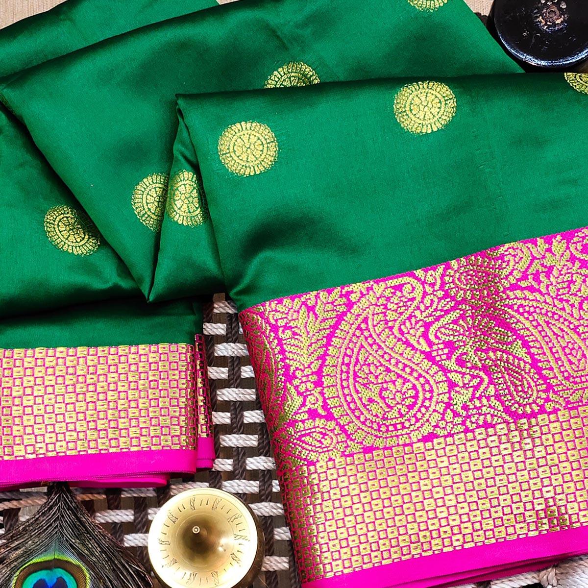 Stunning Green Colored Festive Wear Woven Kanjivaram Silk Saree - Peachmode