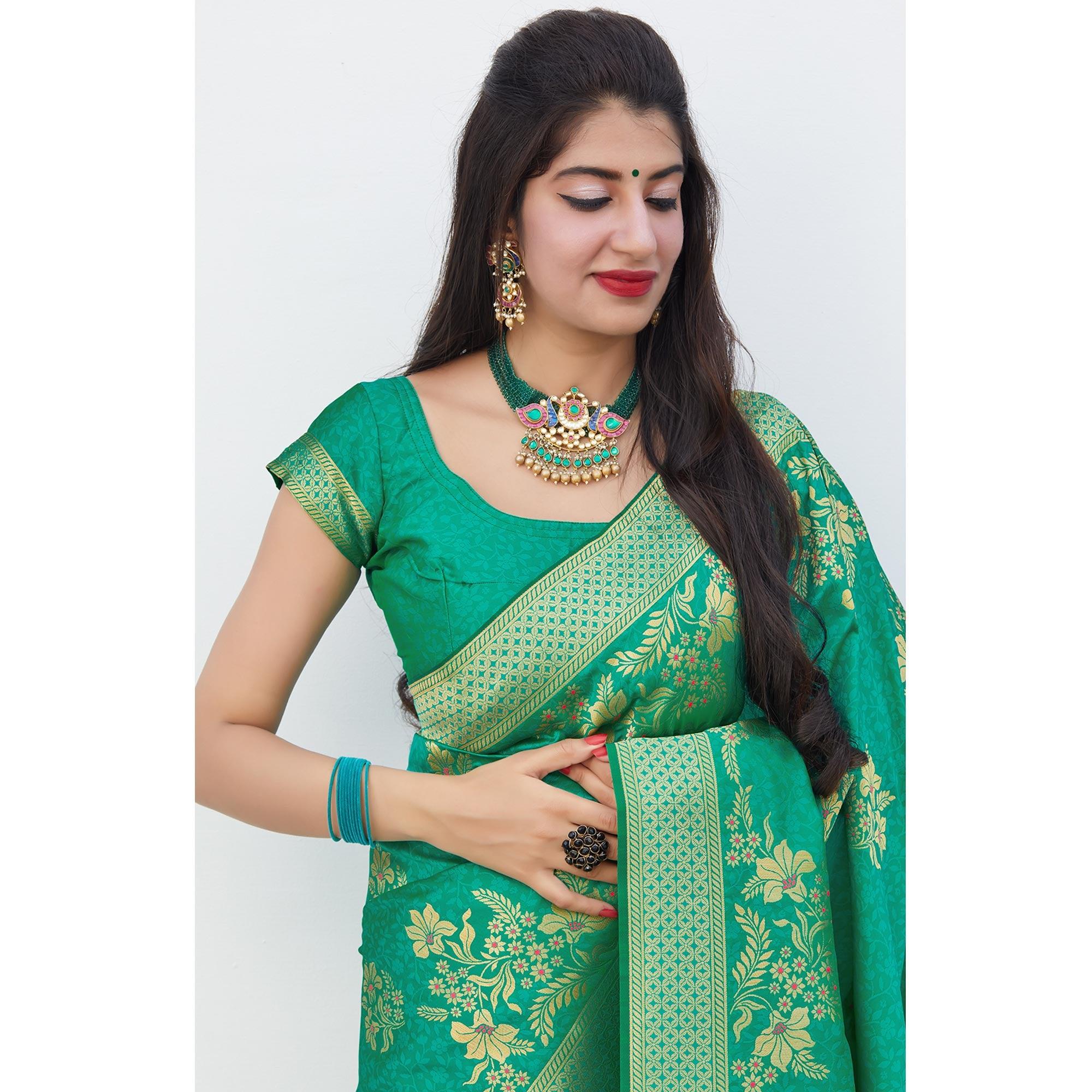 Stunning Green Colored Festive Wear Woven Soft Silk Saree - Peachmode