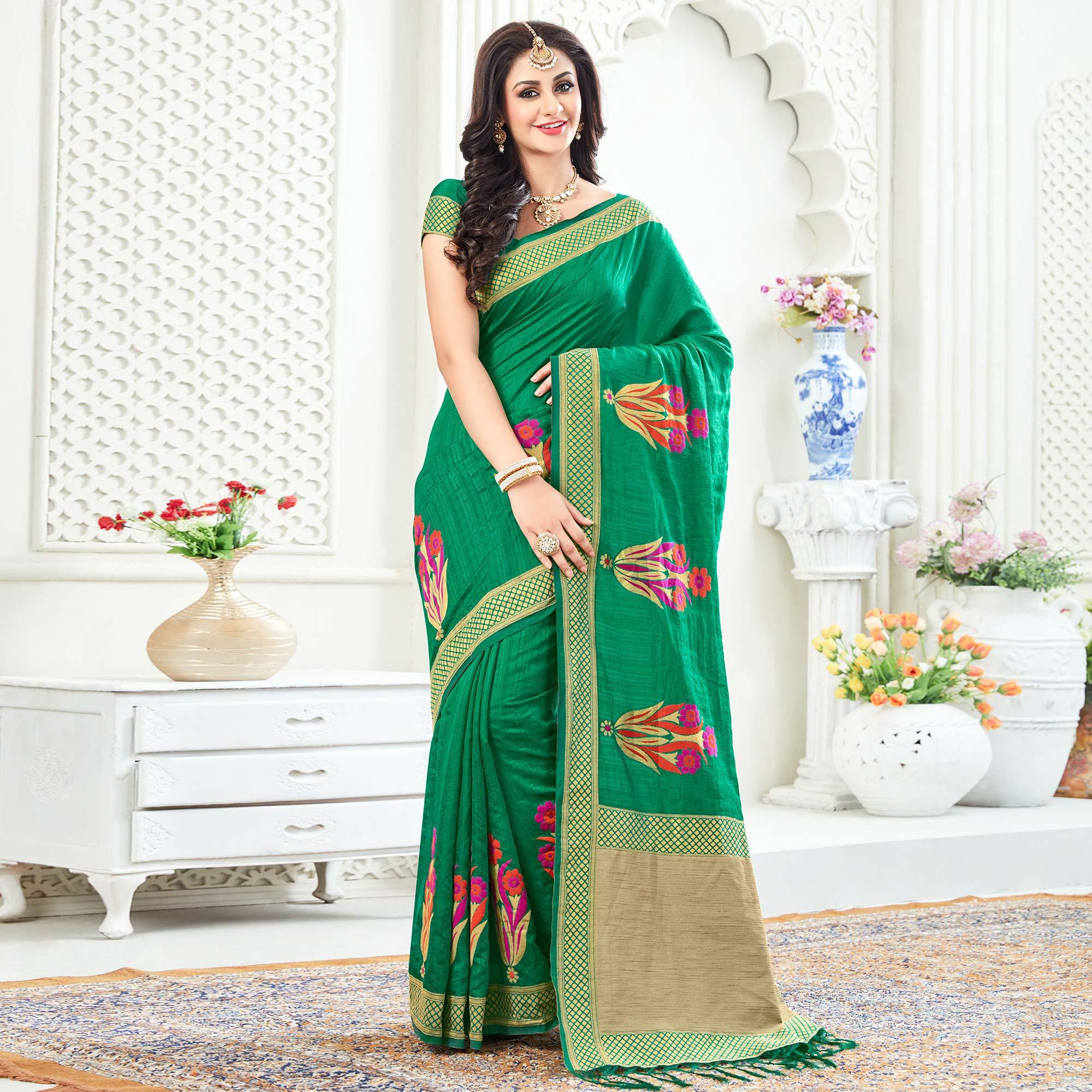 Stunning Green Festive Wear Woven Art Silk Saree - Peachmode