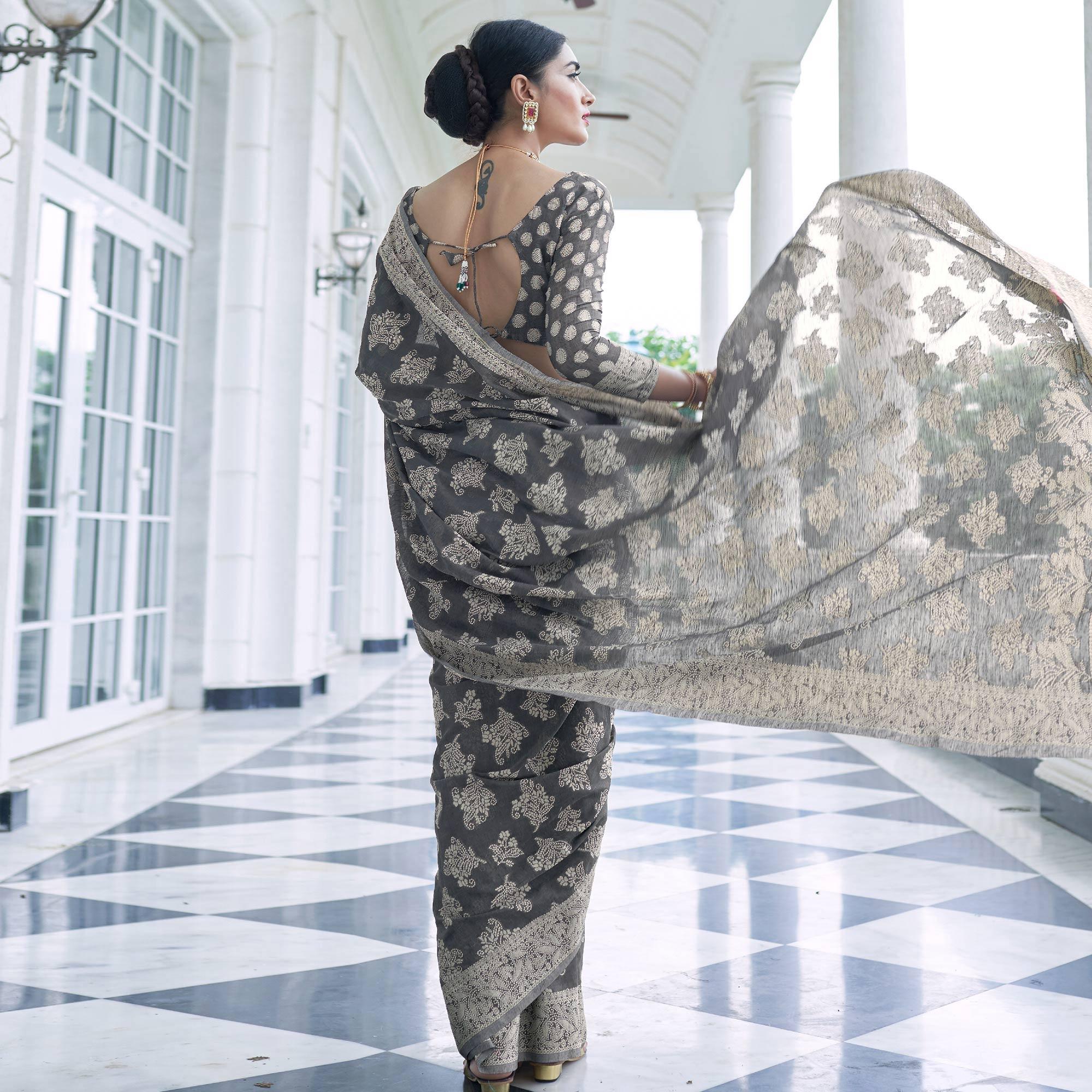 Stunning Grey Colored Festive Wear Woven Chanderi Saree - Peachmode