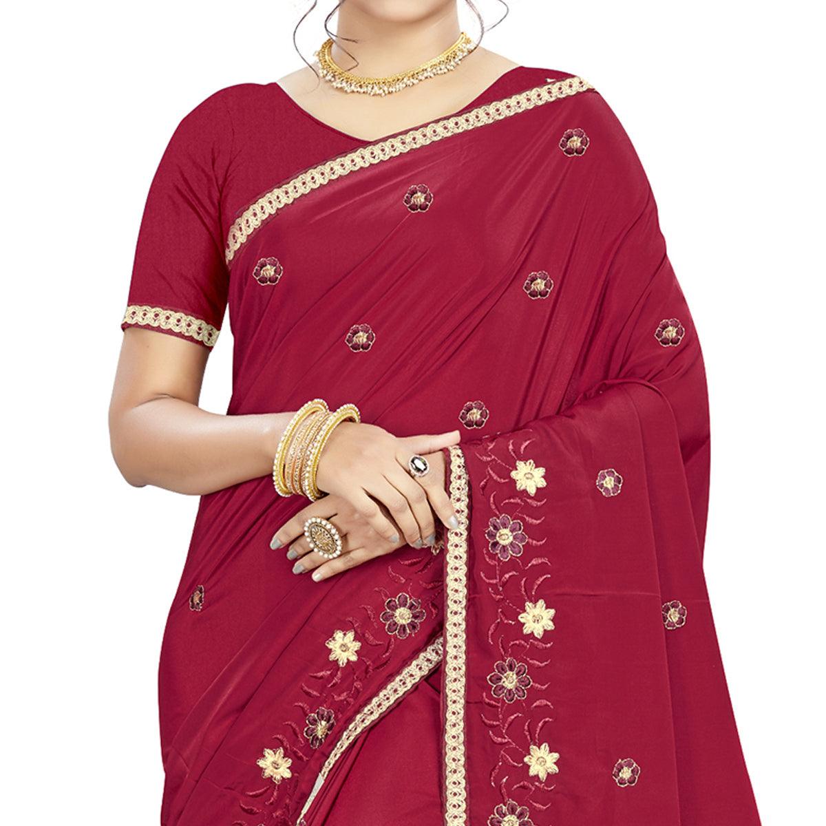 Stunning Maroon Colored Casual Wear Embroidered Crepe Saree - Peachmode