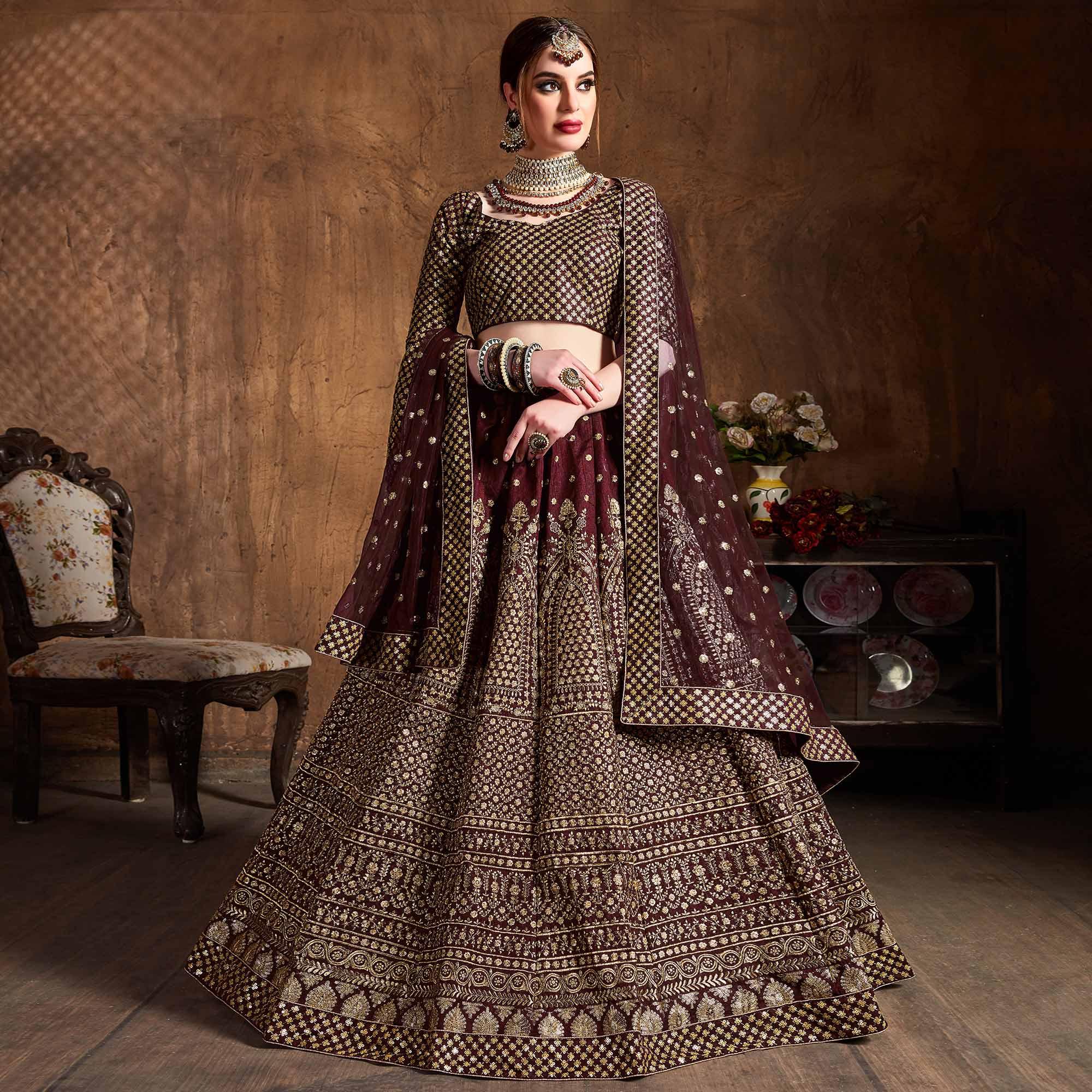 Stunning Maroon Colored Designer Embroidered Banglori Silk Lehenga Choli - Peachmode