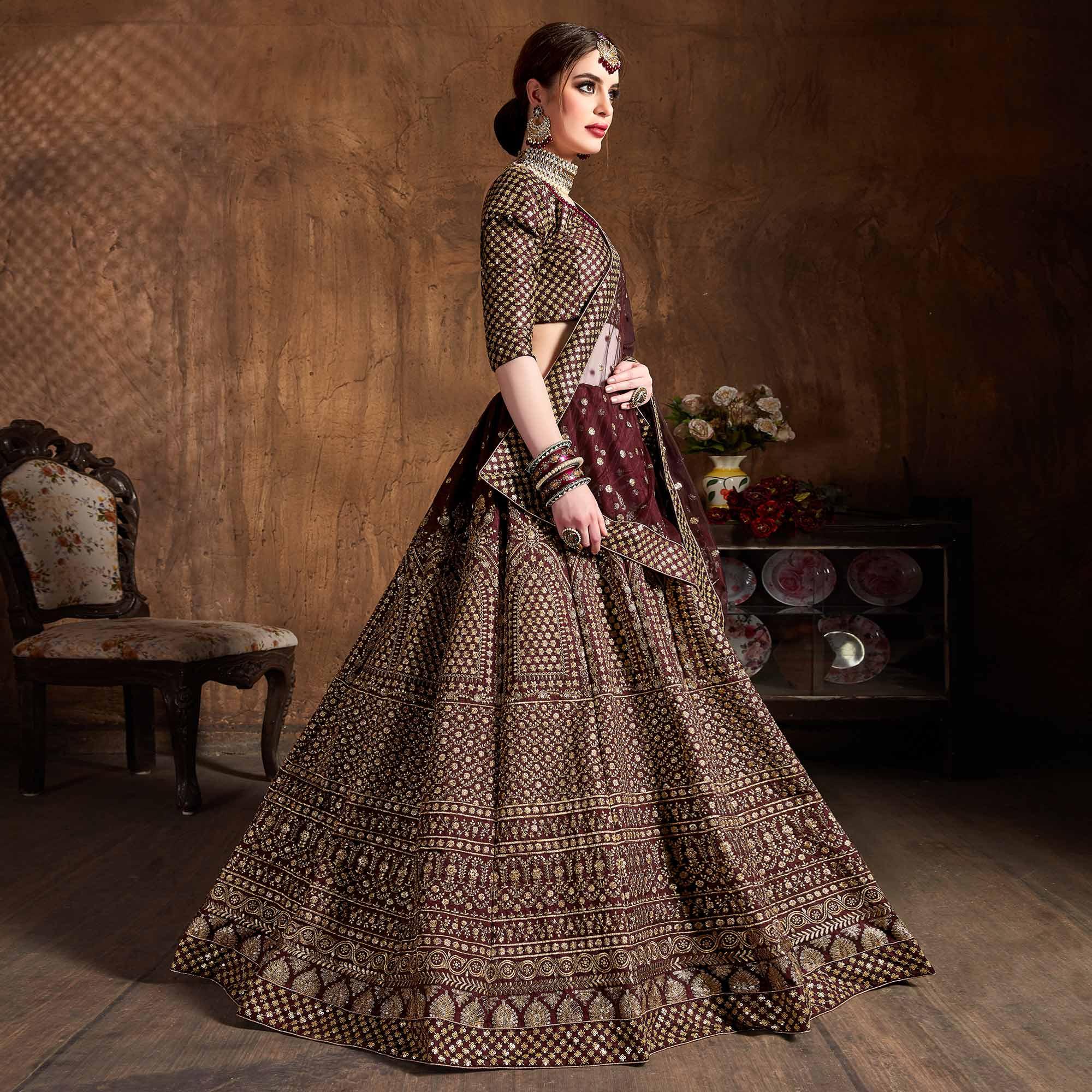 Stunning Maroon Colored Designer Embroidered Banglori Silk Lehenga Choli - Peachmode