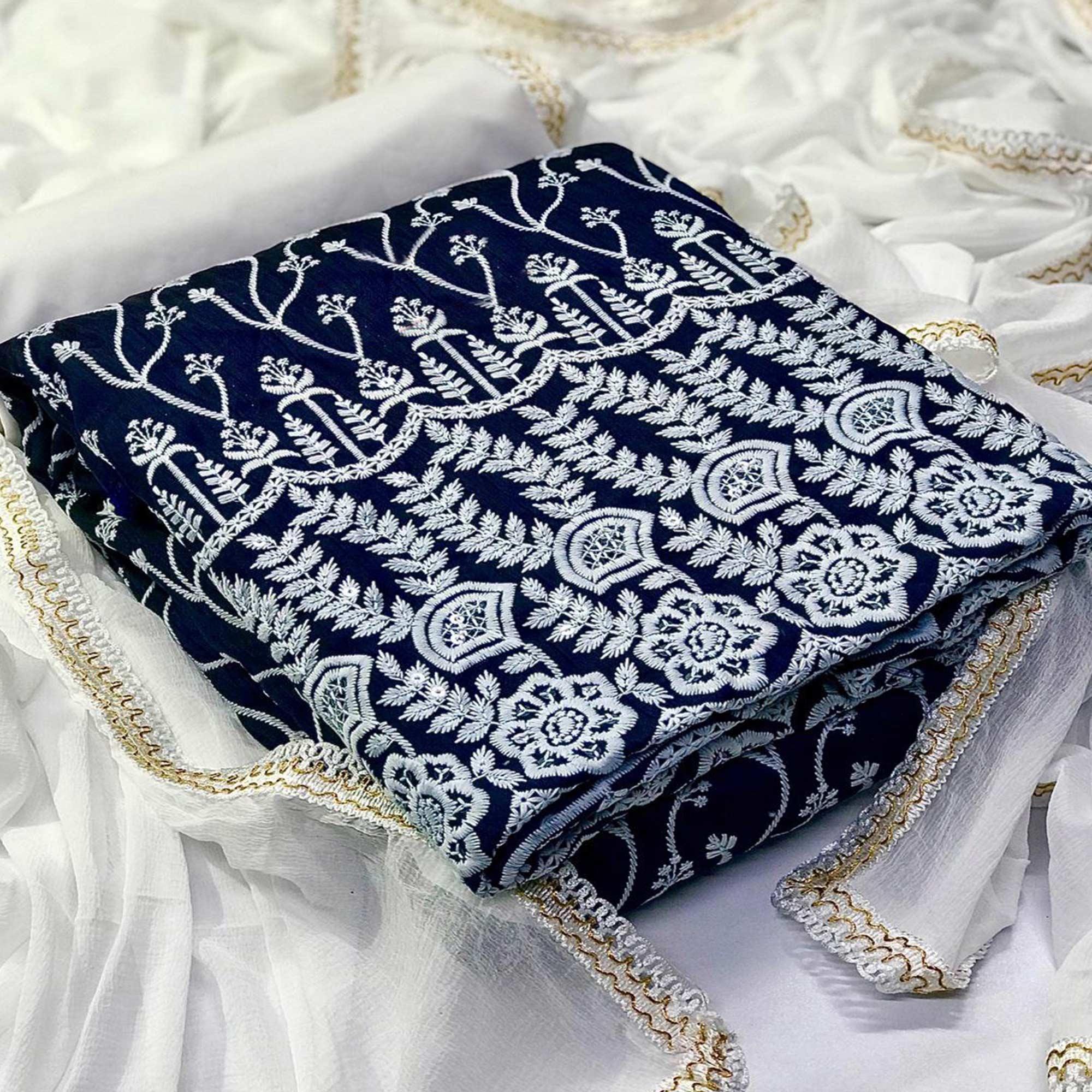 Stunning Navy Blue Colored Casual Wear Floral Embroidered Cotton Dress Material - Peachmode
