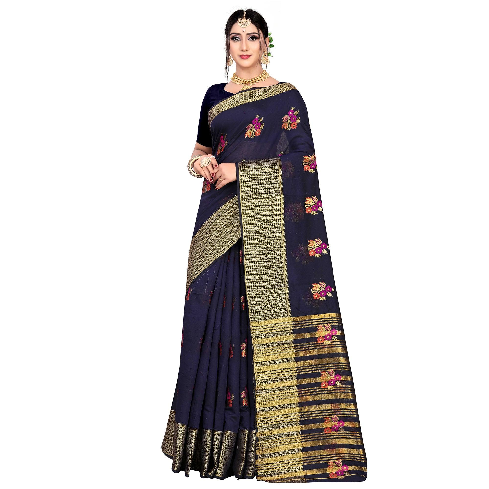 Stunning Navy Blue Colored Festive Wear Woven Meenakari Butta Cotton Silk Saree - Peachmode