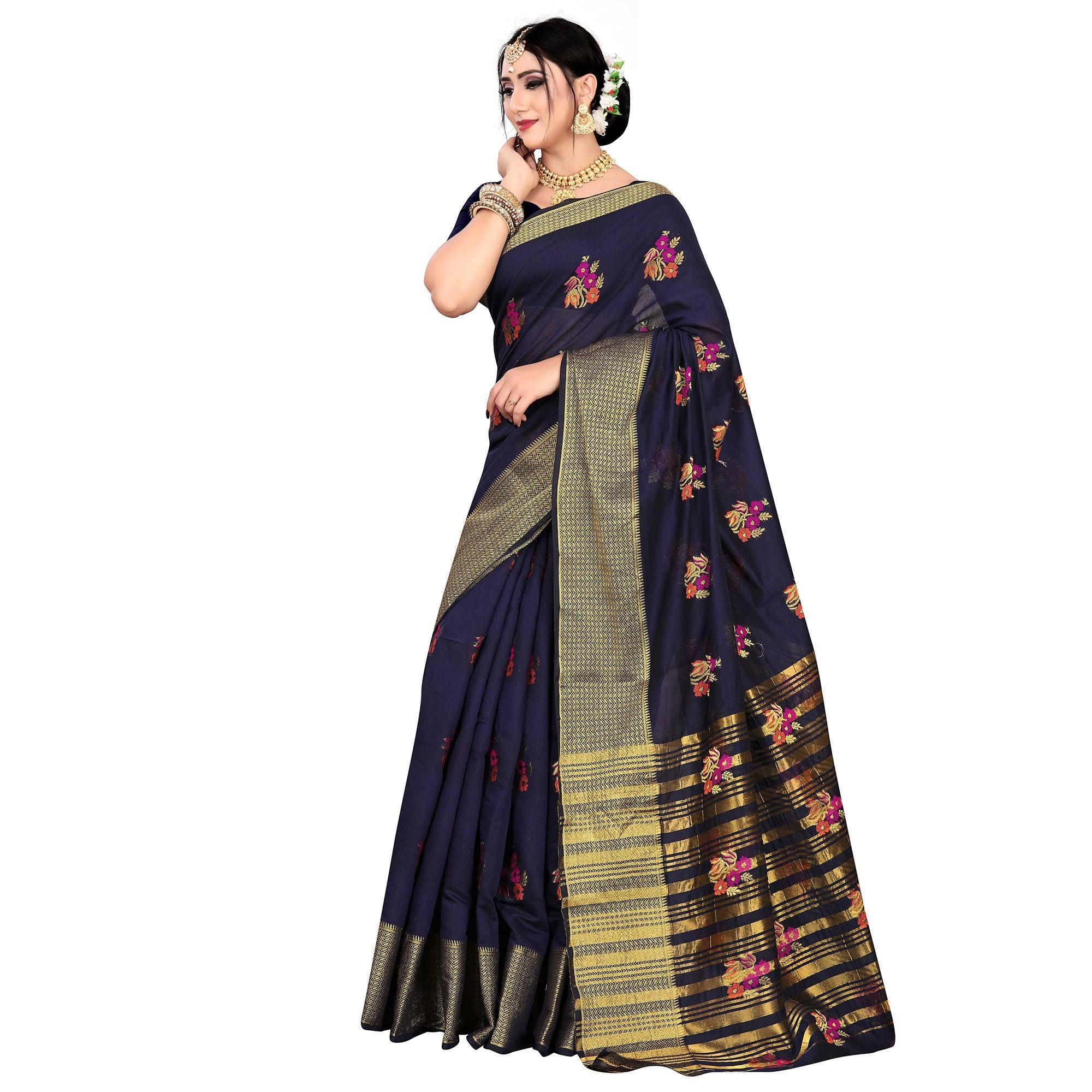 Stunning Navy Blue Colored Festive Wear Woven Meenakari Butta Cotton Silk Saree - Peachmode