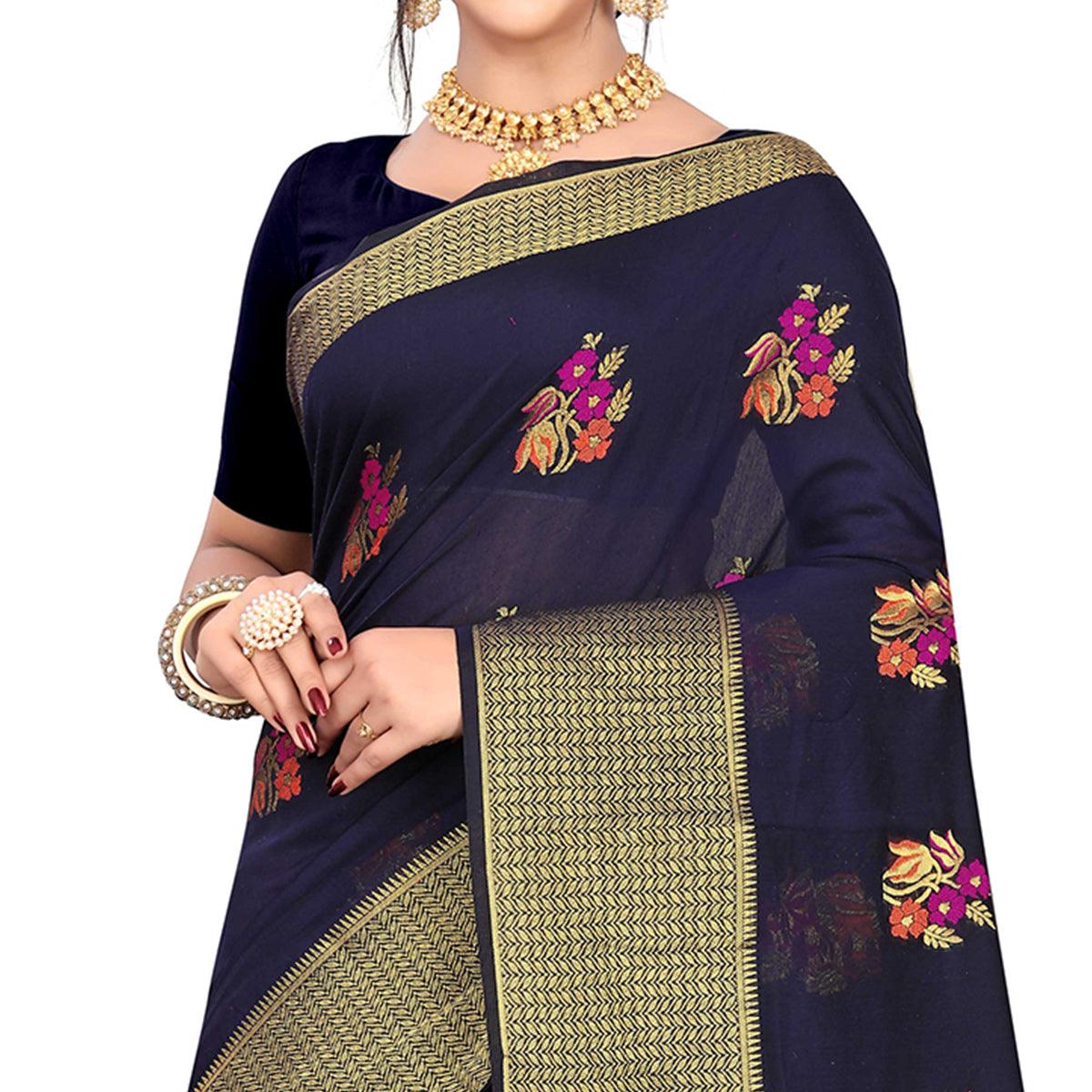 Stunning Navy Blue Colored Festive Wear Woven Meenakari Butta Cotton Silk Saree - Peachmode