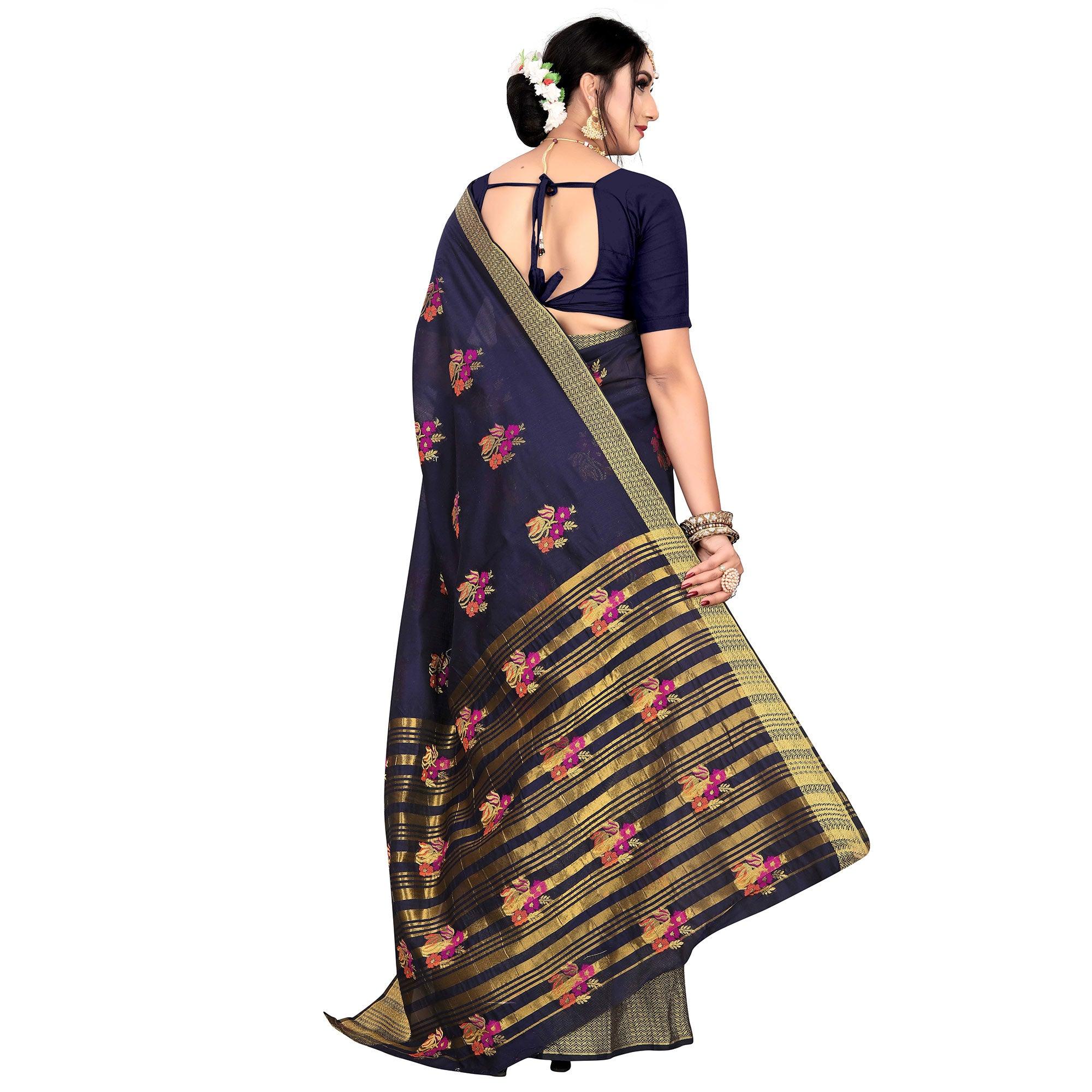 Stunning Navy Blue Colored Festive Wear Woven Meenakari Butta Cotton Silk Saree - Peachmode