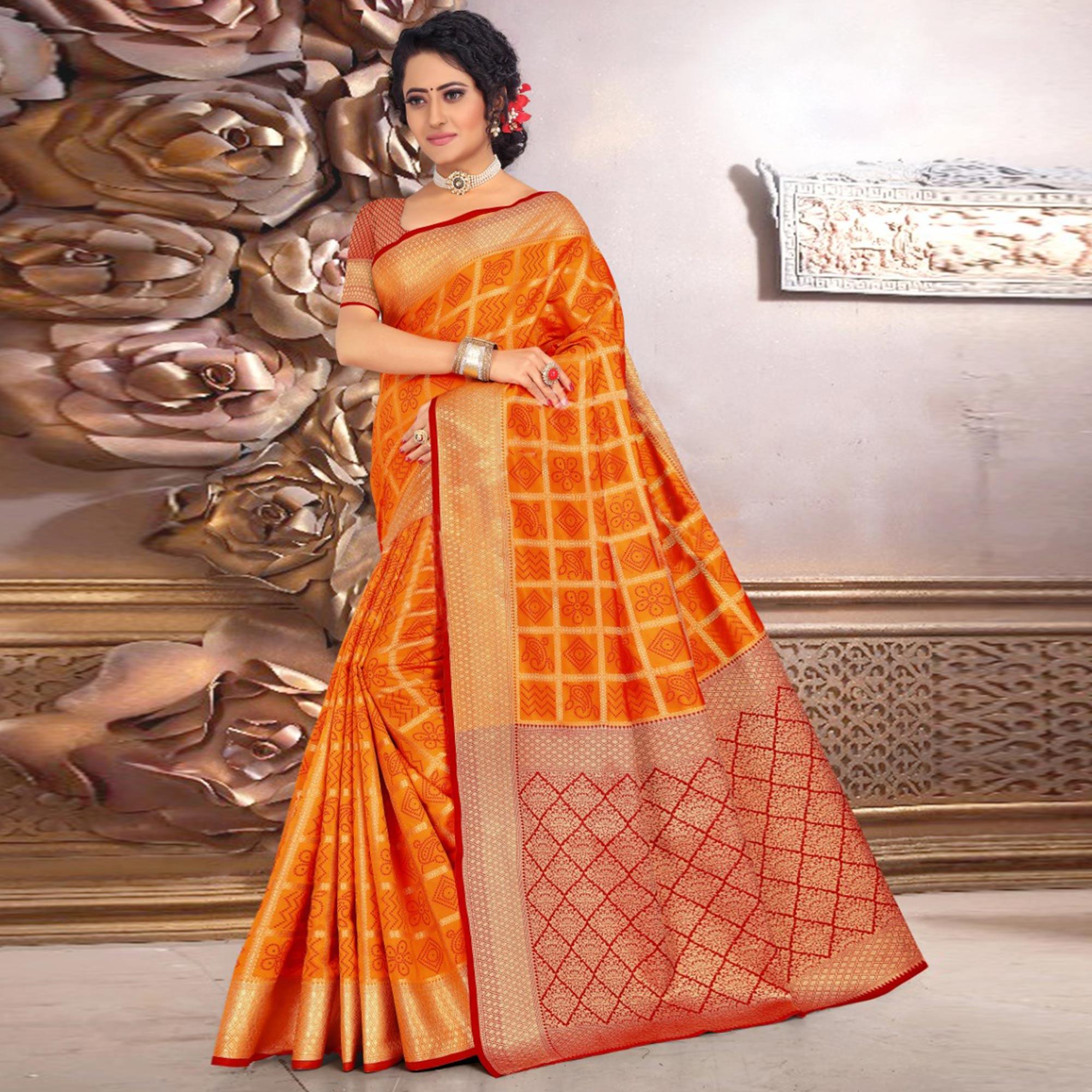 Stunning Orange Colored Festive Wear Woven Banarasi Silk Saree - Peachmode