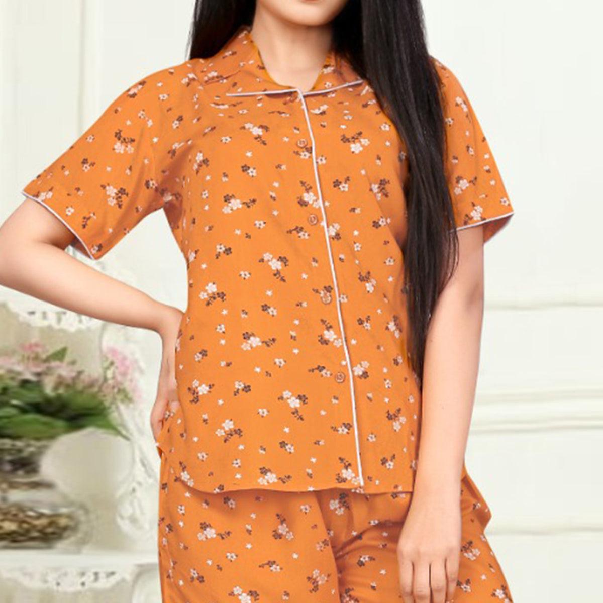 Stunning Orange Colored Printed Cotton Rayon Night Suit - Peachmode