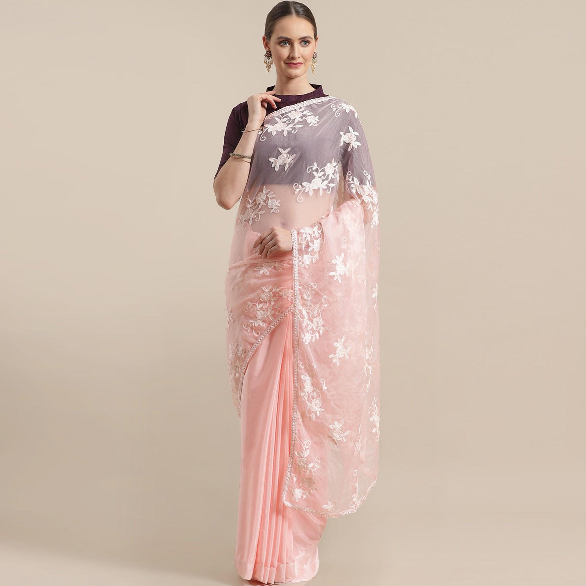 Stunning Peach Colored Partywear Embroidered Organza Saree - Peachmode