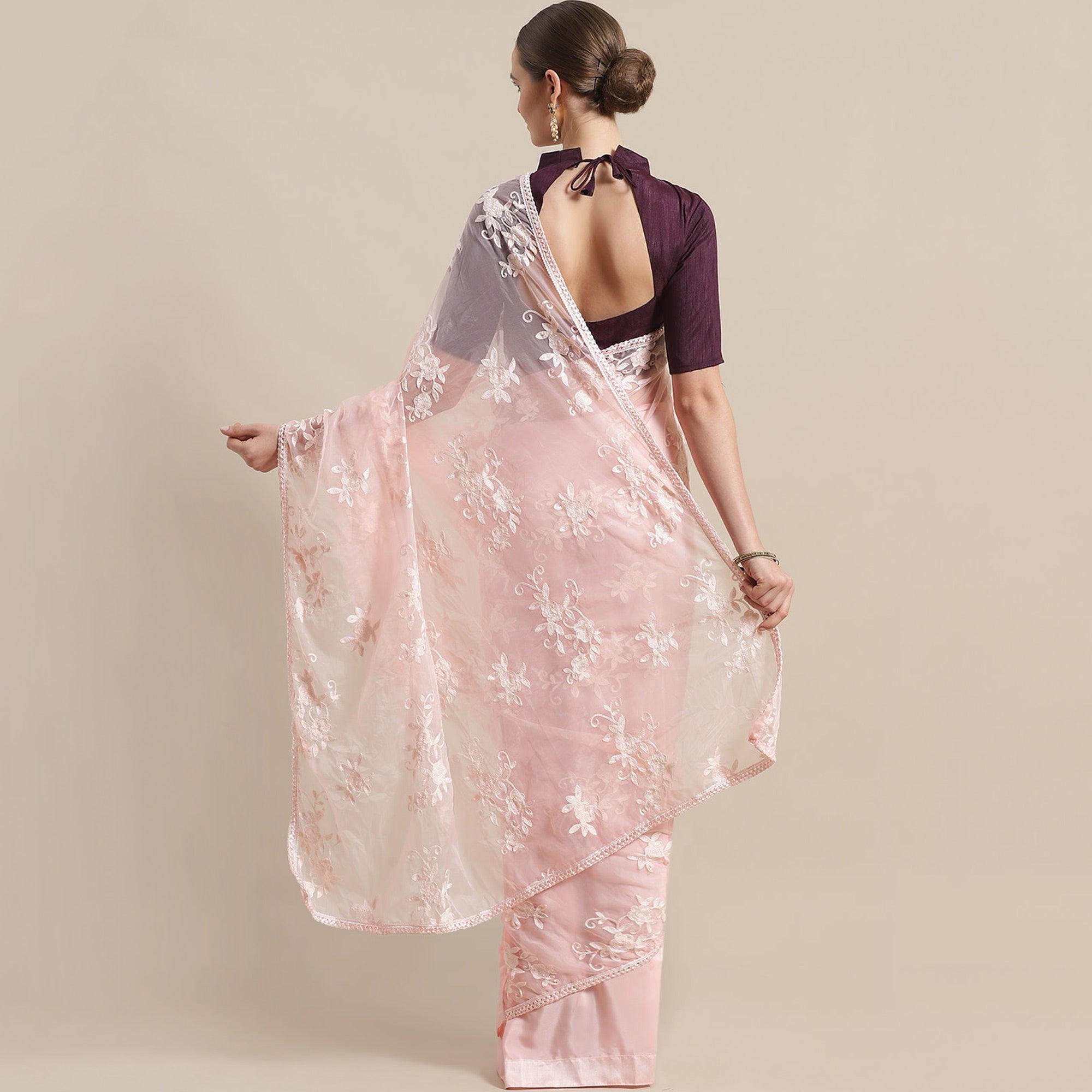Stunning Peach Colored Partywear Embroidered Organza Saree - Peachmode