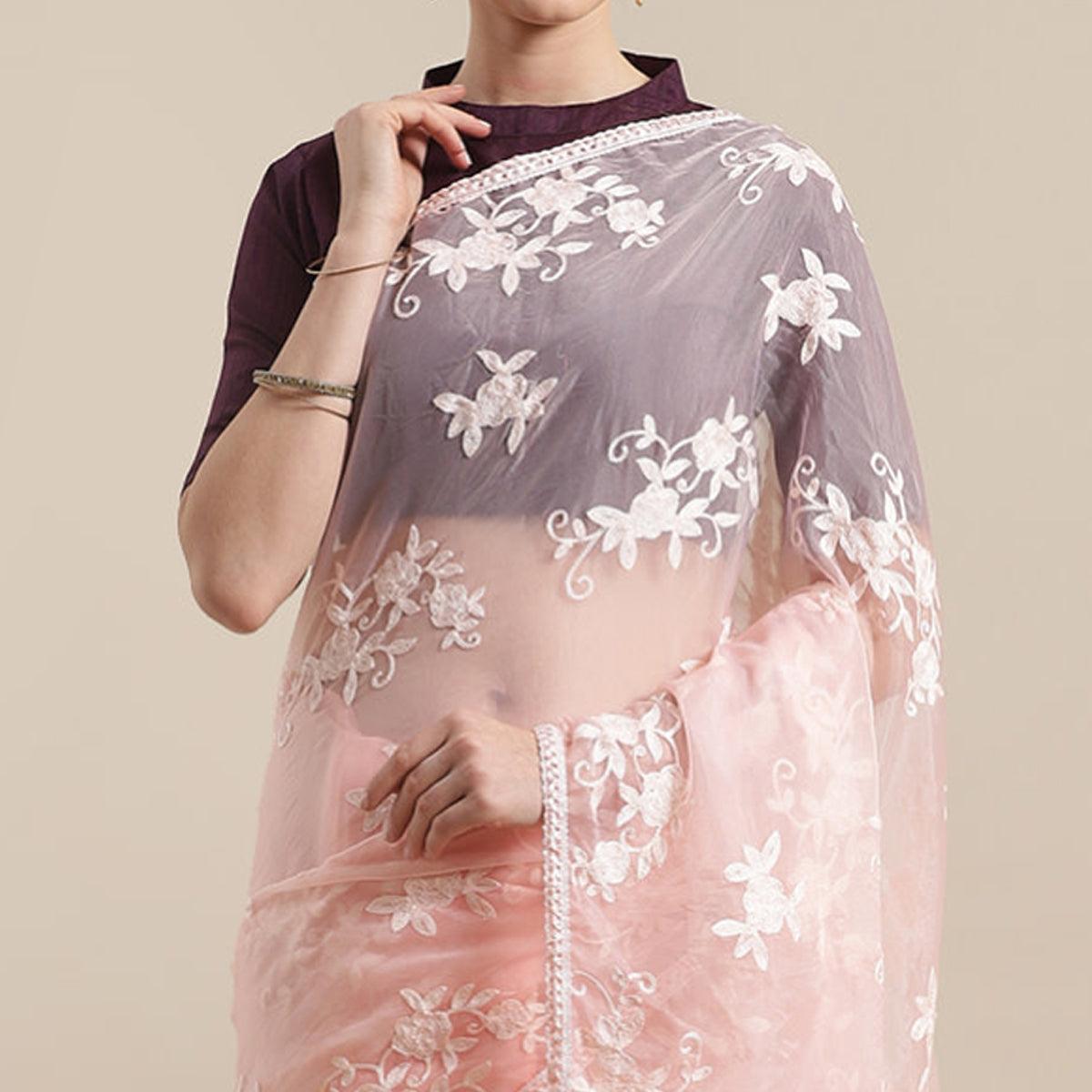 Stunning Peach Colored Partywear Embroidered Organza Saree - Peachmode