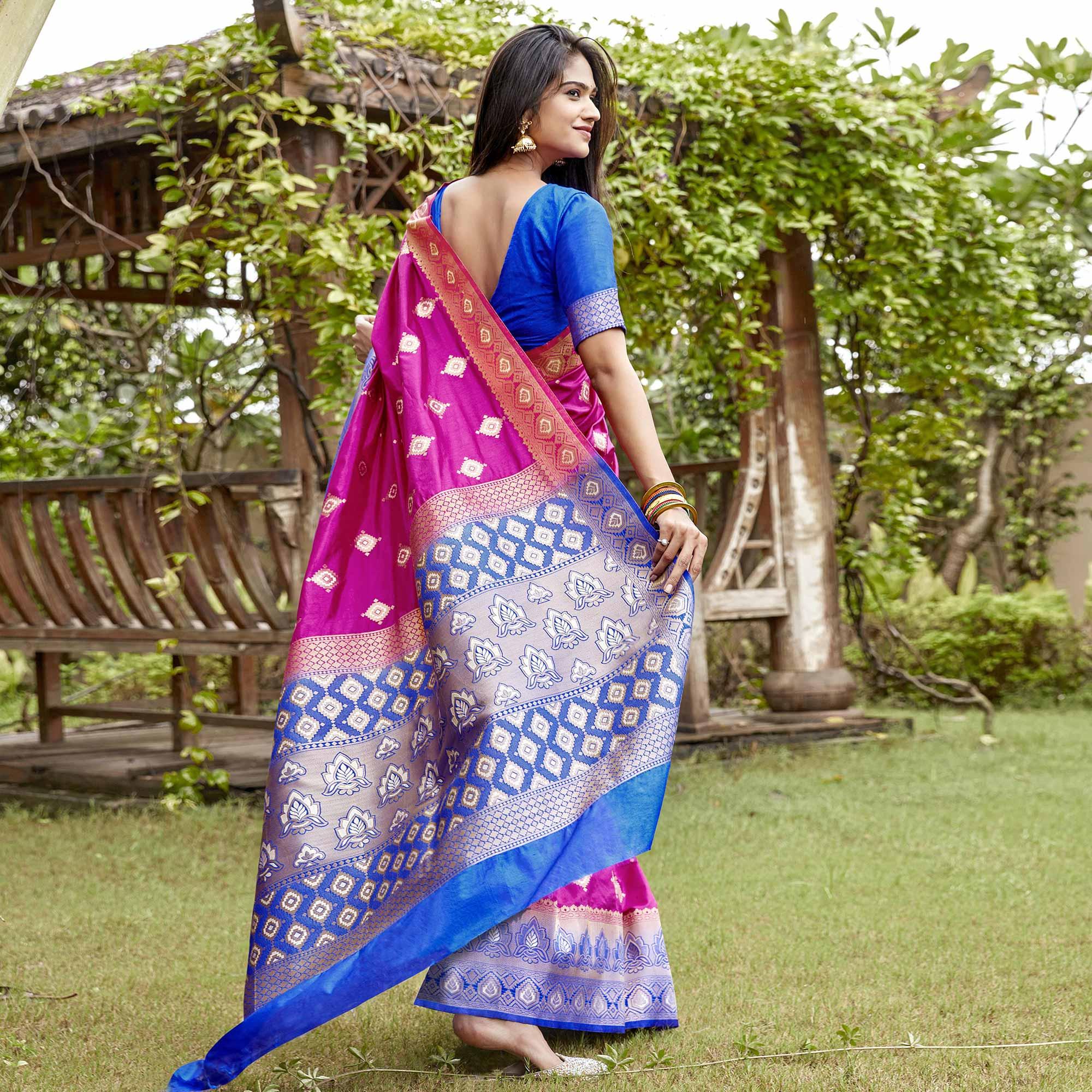 Stunning Pink Colored Festive Wear Woven Banarasi Silk Saree - Peachmode