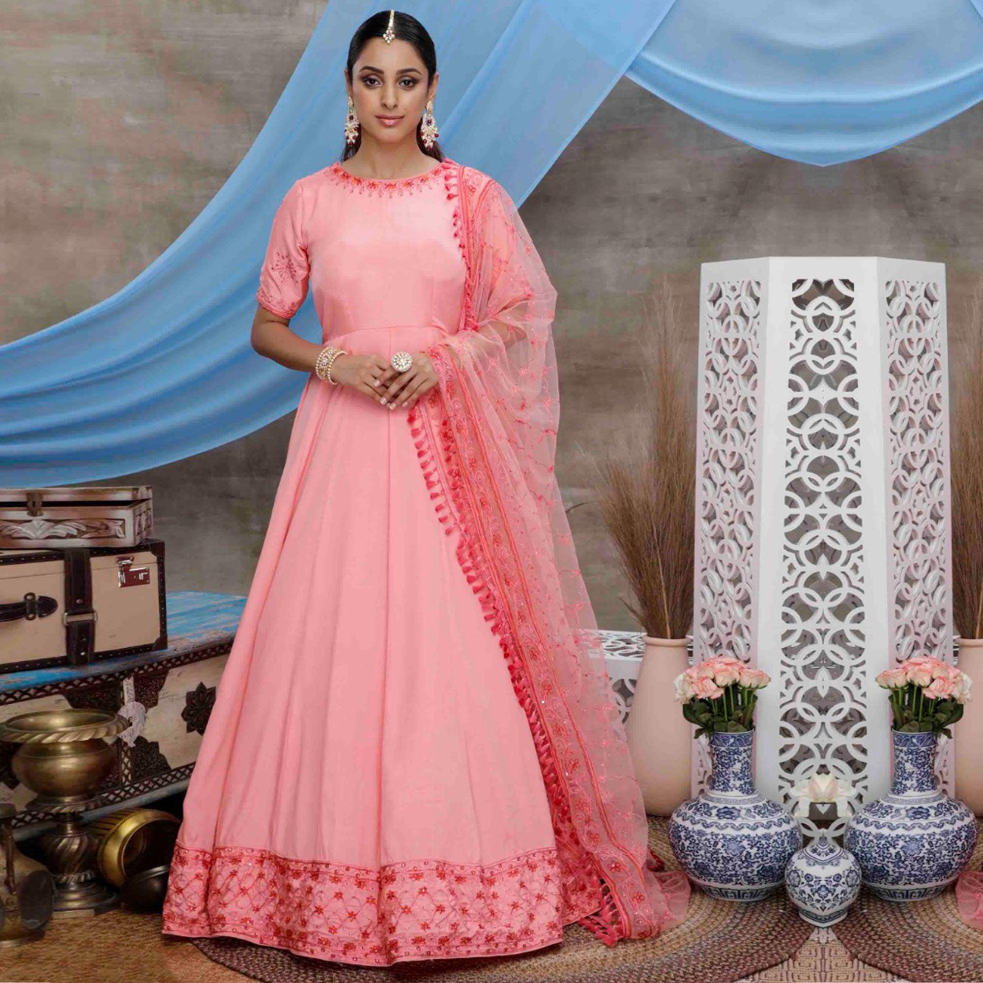 Stunning Pink Colored Partywear Embroidered Silk Anarkali Suit - Peachmode