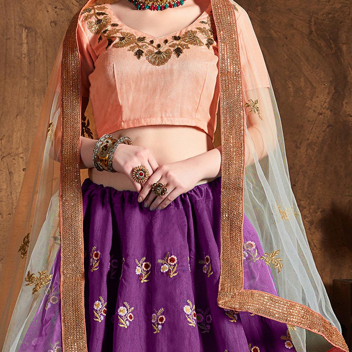 Stunning Purple Colored Floral Embroidered Banglori Silk Lehenga Choli - Peachmode