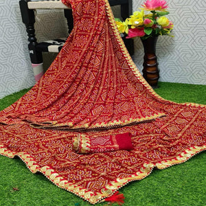Stunning Red Colored Casual Printed Moss Georgette Saree - Peachmode