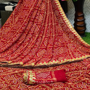 Stunning Red Colored Casual Printed Moss Georgette Saree - Peachmode