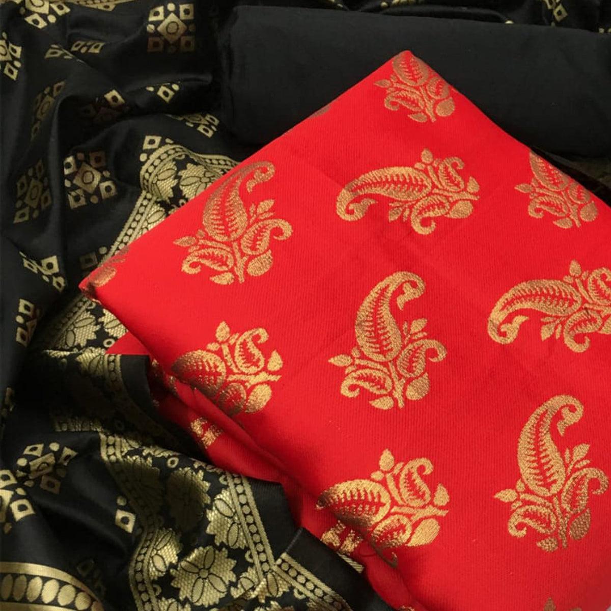 Stunning Red Colored Casual Wear Woven Banarasi Silk Dress Material - Peachmode
