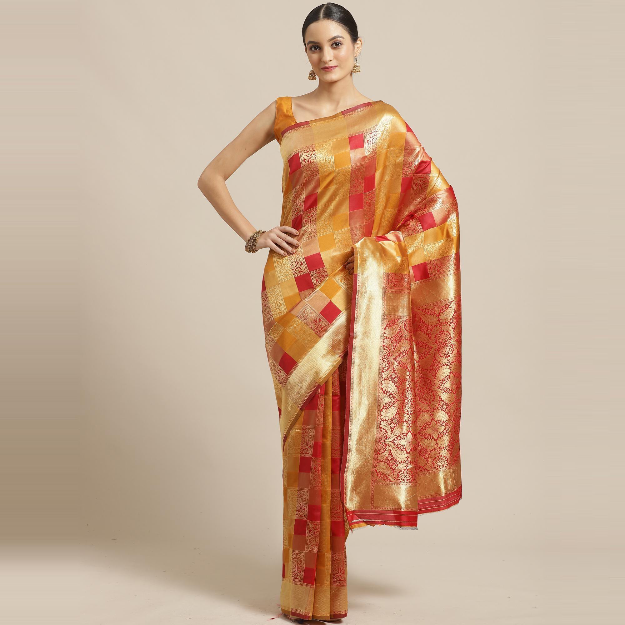 Stunning Red - Mustard Colored Festive Wear Woven Silk Blend Saree - Peachmode
