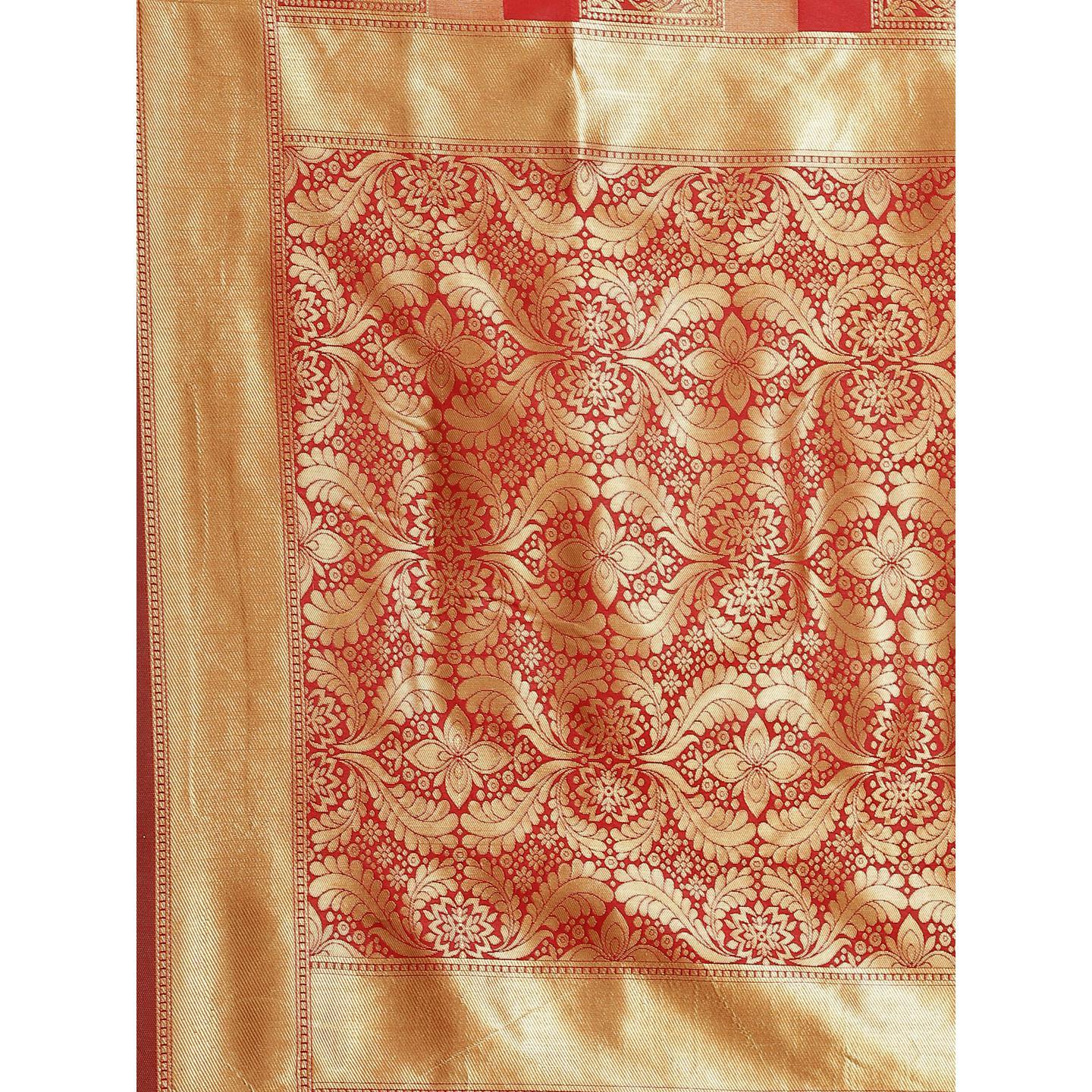 Stunning Red - Mustard Colored Festive Wear Woven Silk Blend Saree - Peachmode
