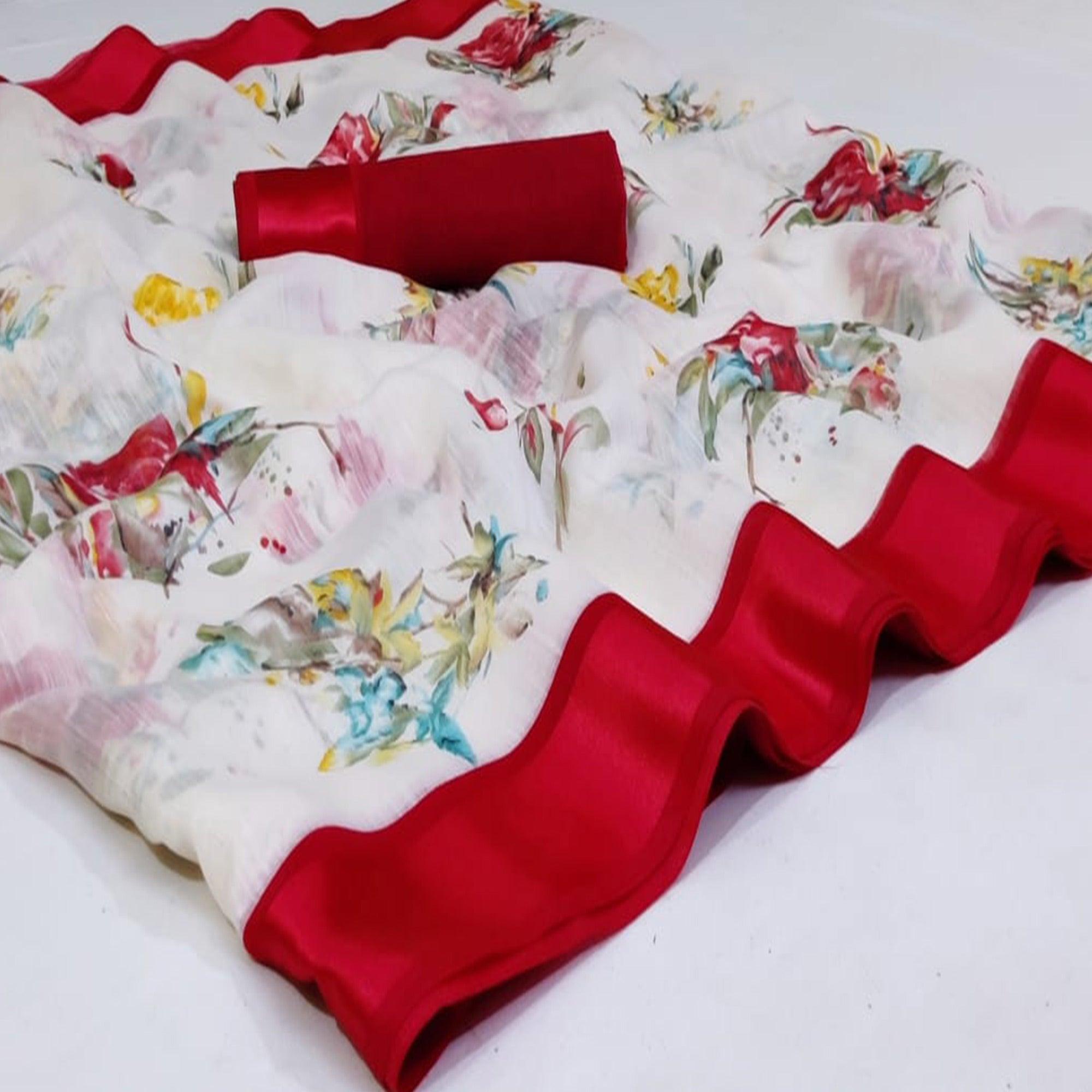 Stunning White - Maroon Colored Casual Wear Fancy Printed Linen Saree - Peachmode