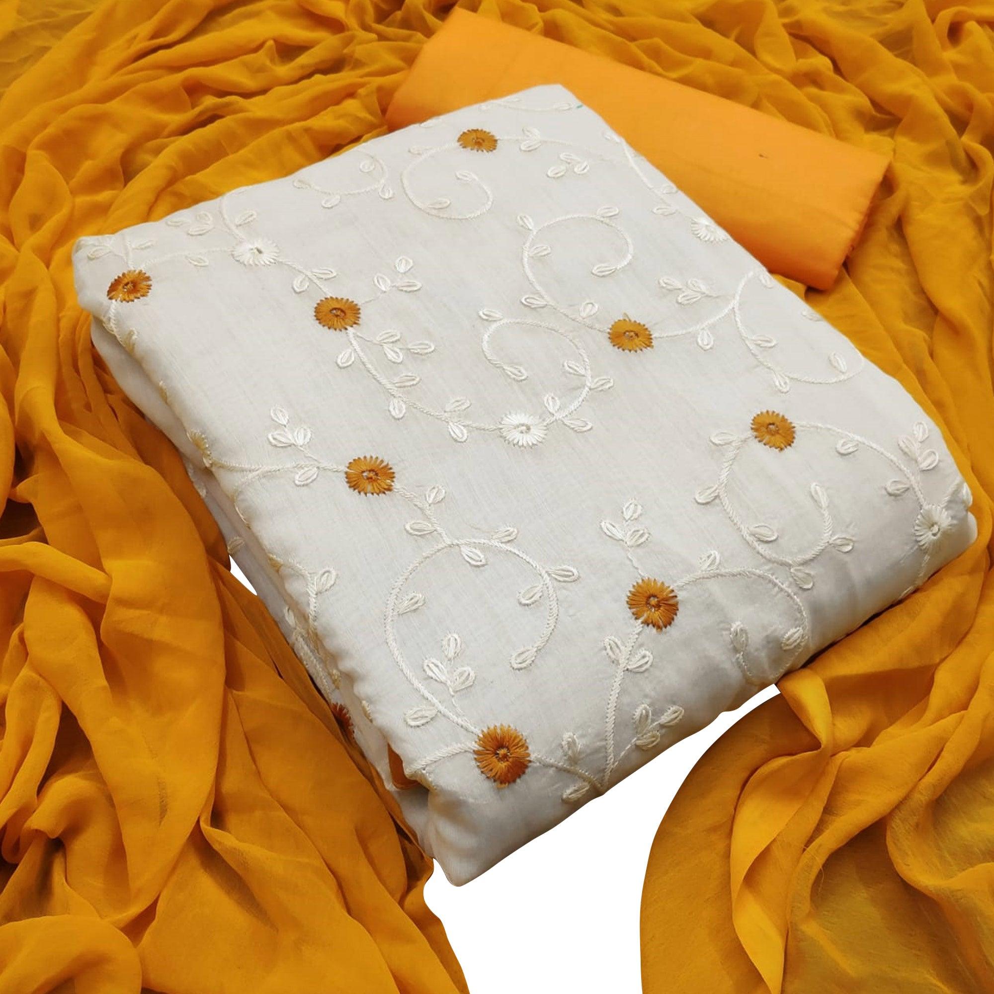 Stunning White - Yellow Colored Casual Wear Emboidered Modal Dress Material - Peachmode