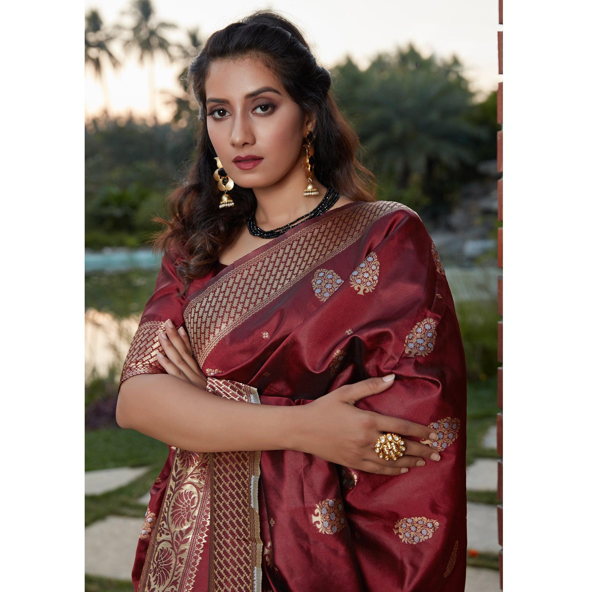 Stunning Wine Colored Festive Wear Woven Banarasi Silk Saree - Peachmode