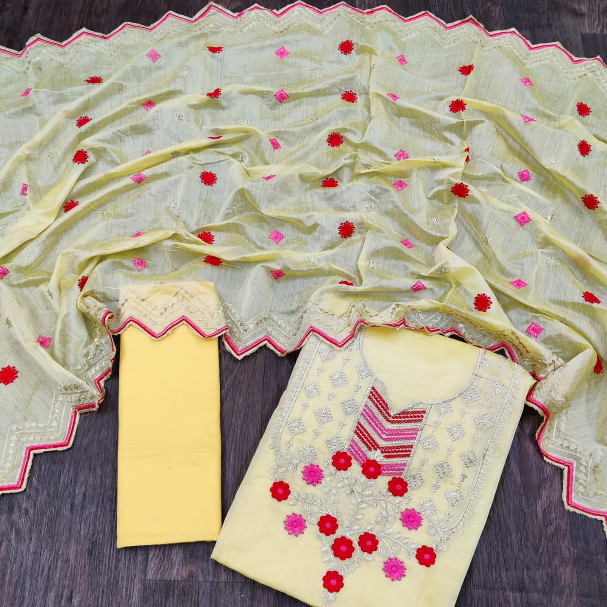 Stunning Yellow Colored Casual Wear Embroidered Chanderi Dress Material - Peachmode