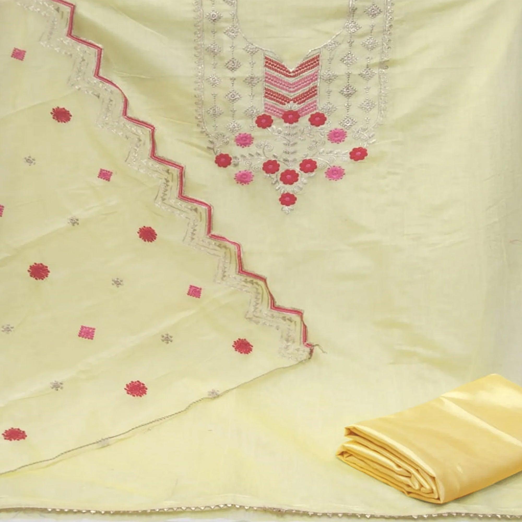 Stunning Yellow Colored Casual Wear Embroidered Chanderi Dress Material - Peachmode