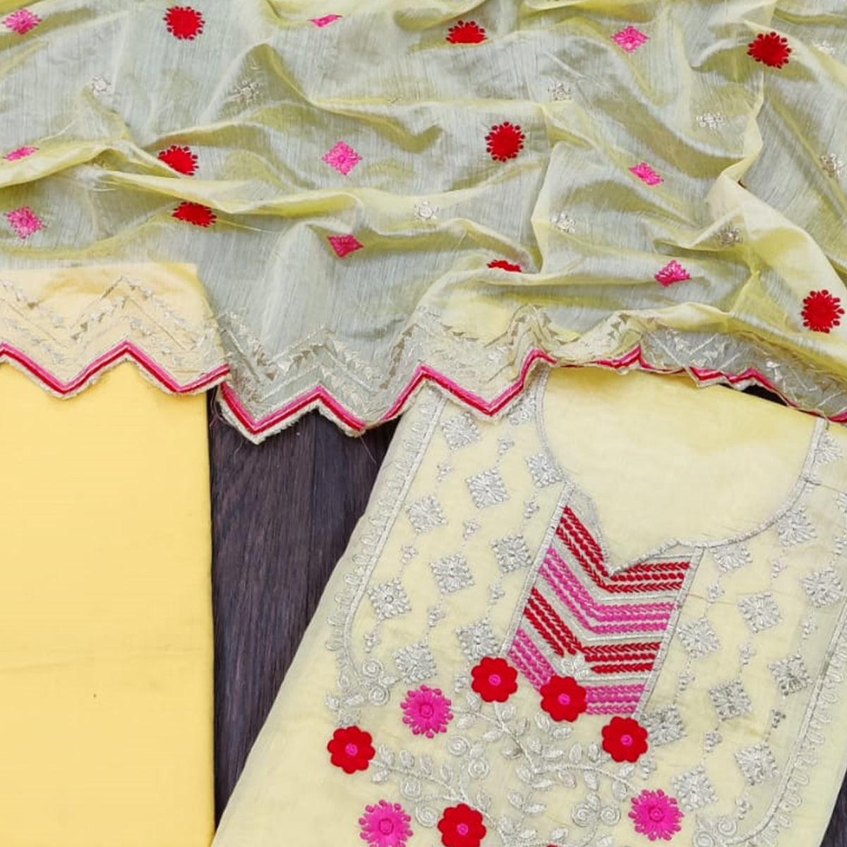 Stunning Yellow Colored Casual Wear Embroidered Chanderi Dress Material - Peachmode