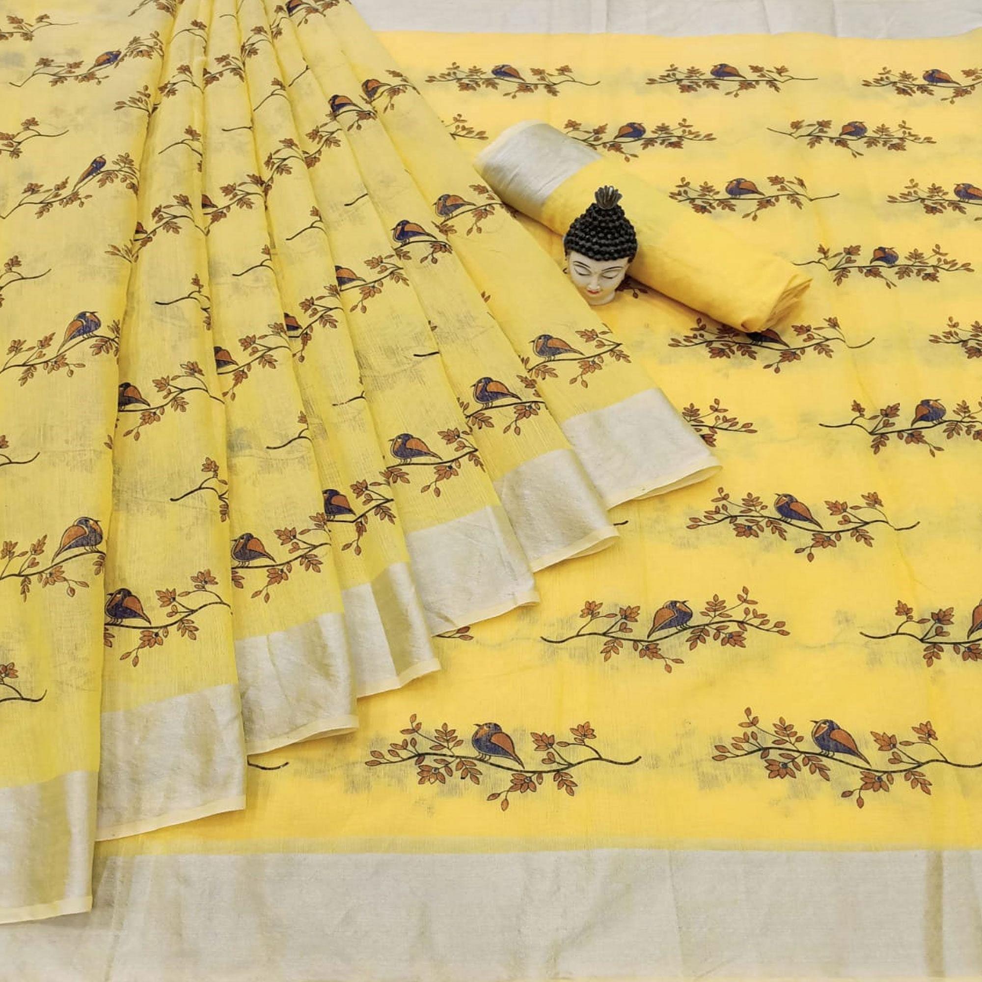 Stunning Yellow Colored Casual Wear Printed Cotton Linen Saree - Peachmode