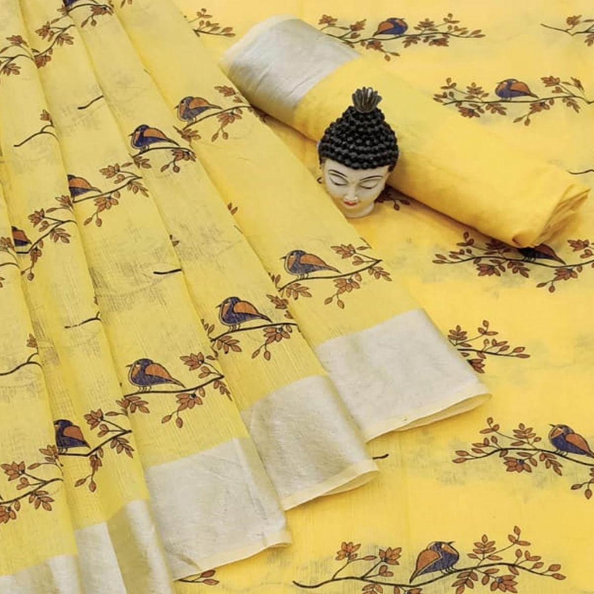 Stunning Yellow Colored Casual Wear Printed Cotton Linen Saree - Peachmode