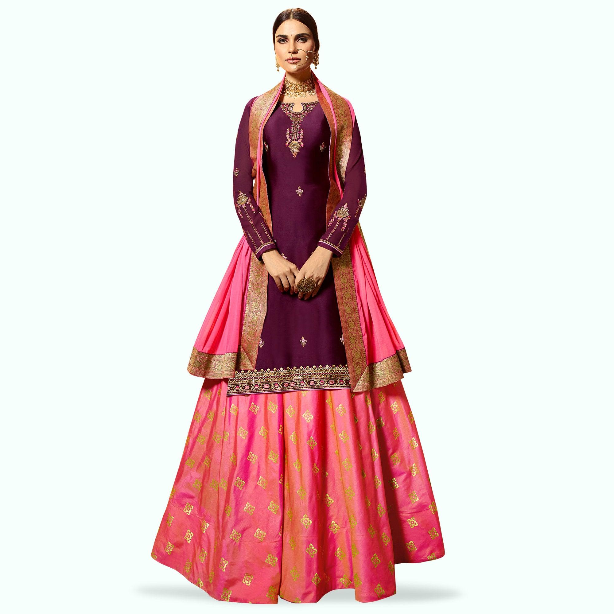 Stylish Purple Colored Partywear Embroidered Satin Georgette Lehenga Kameez - Peachmode