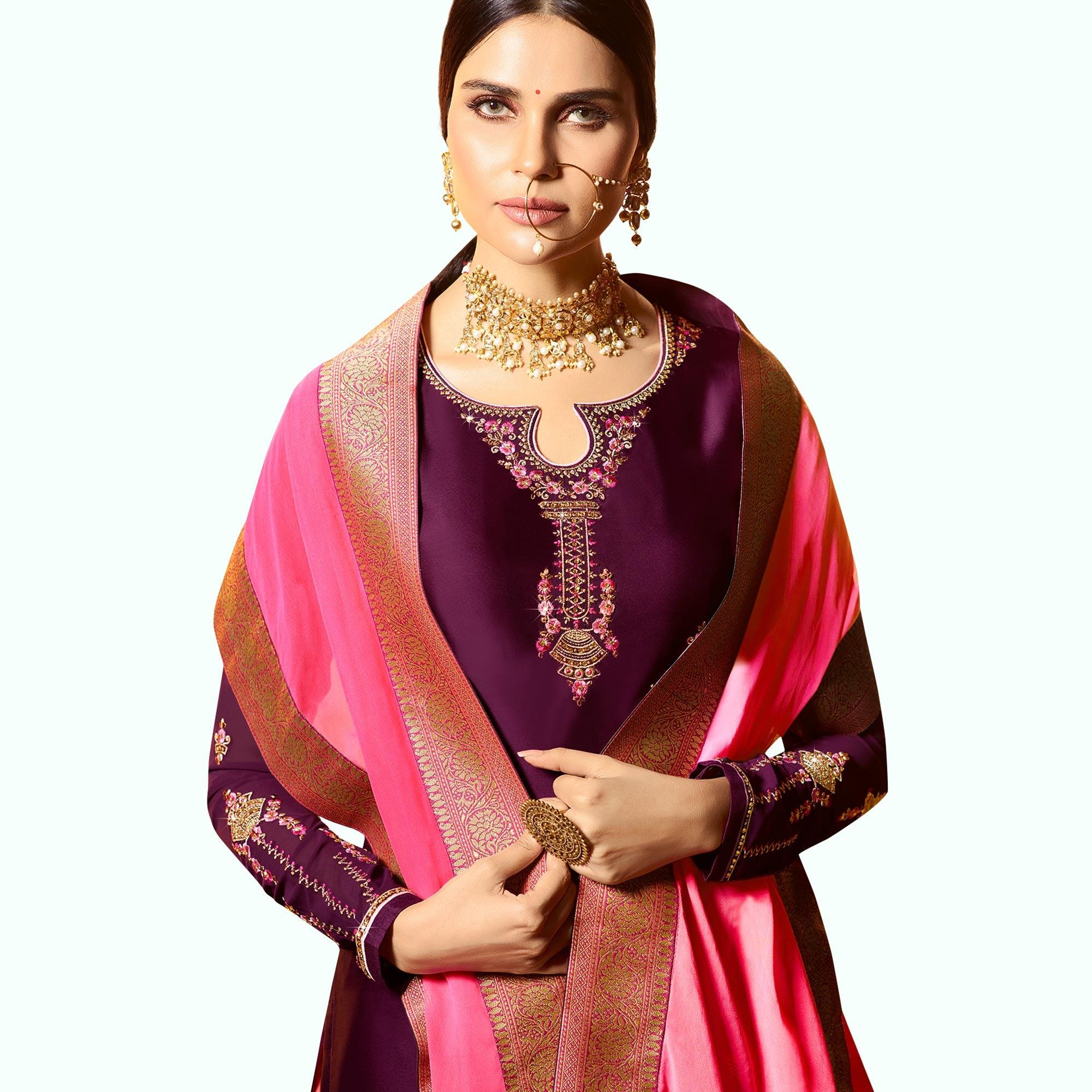 Stylish Purple Colored Partywear Embroidered Satin Georgette Lehenga Kameez - Peachmode