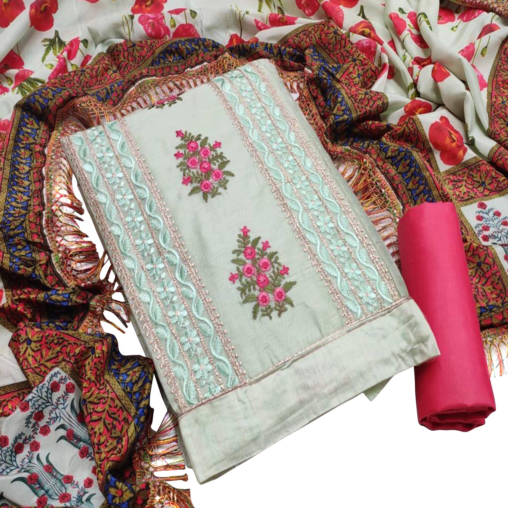 Surpassing Aqua Blue Colored Casual Wear Embroidered Chanderi Dress Material - Peachmode