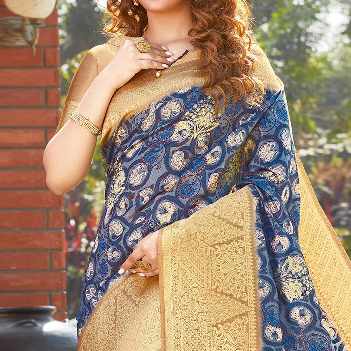 Surpassing Blue Colored Festive Wear Digital Printed Silk Saree - Peachmode