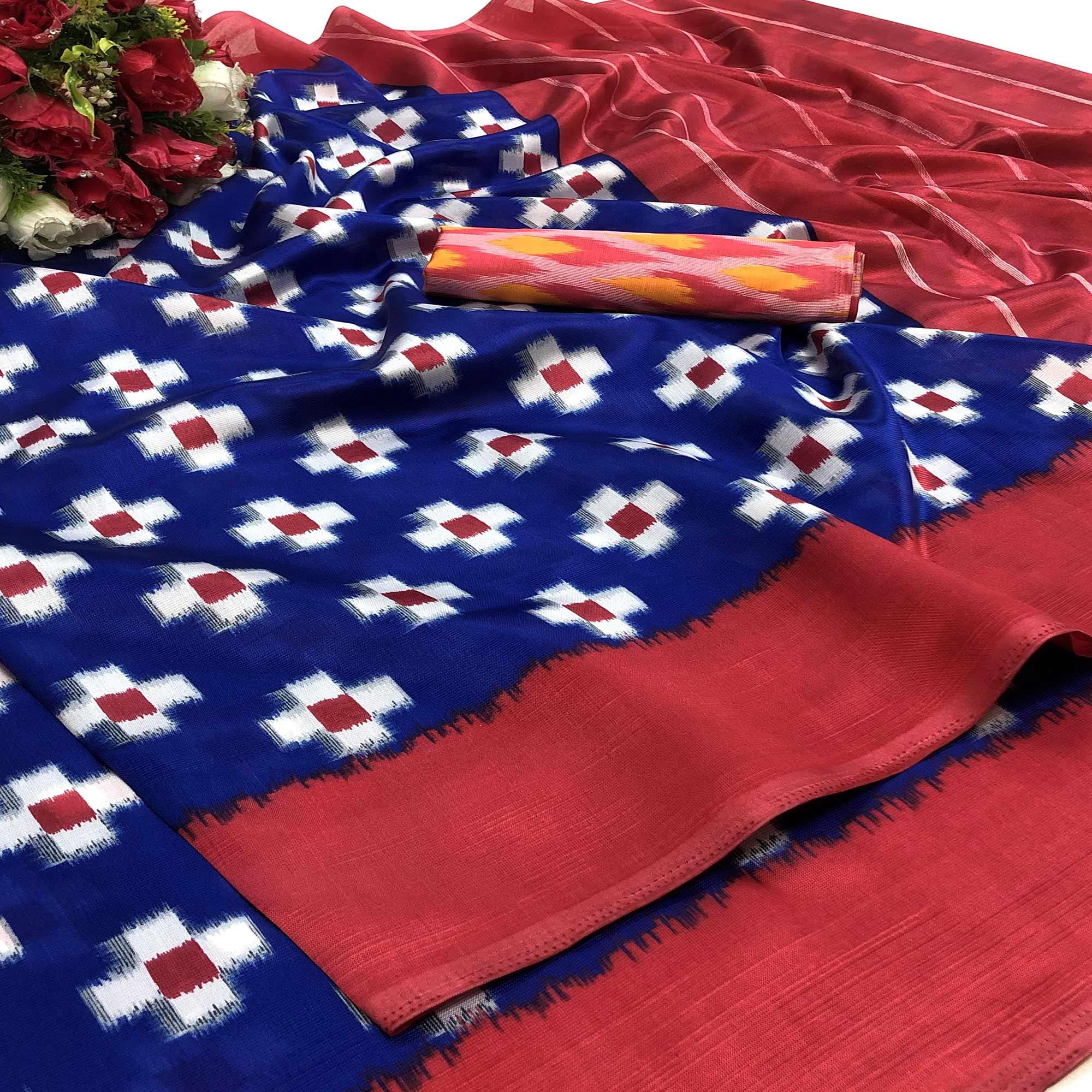 Surpassing Blue Colored Partywear Printed Silk Saree - Peachmode