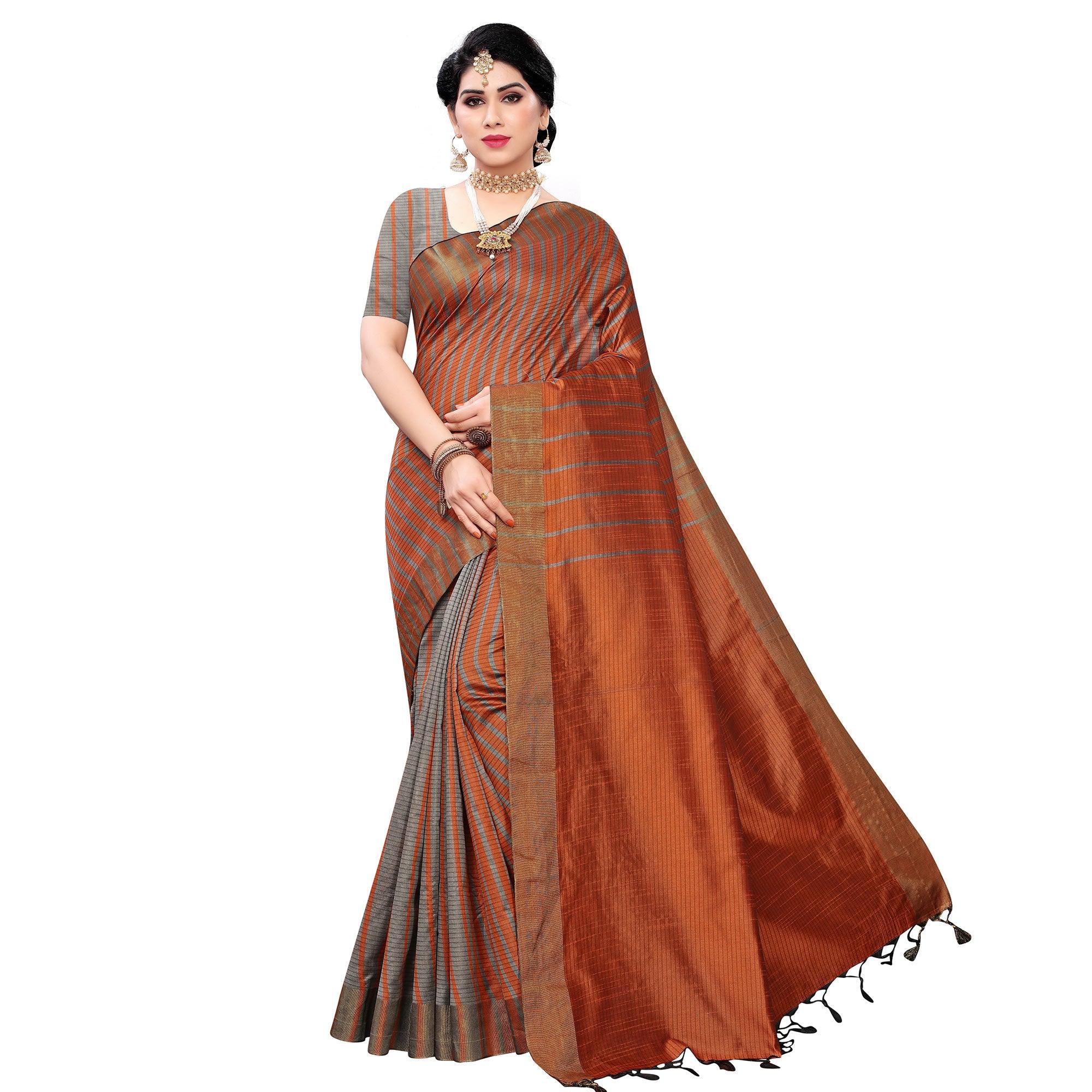 Surpassing Brown Colored Festive Wear Cotton Silk Saree With Tassels - Peachmode