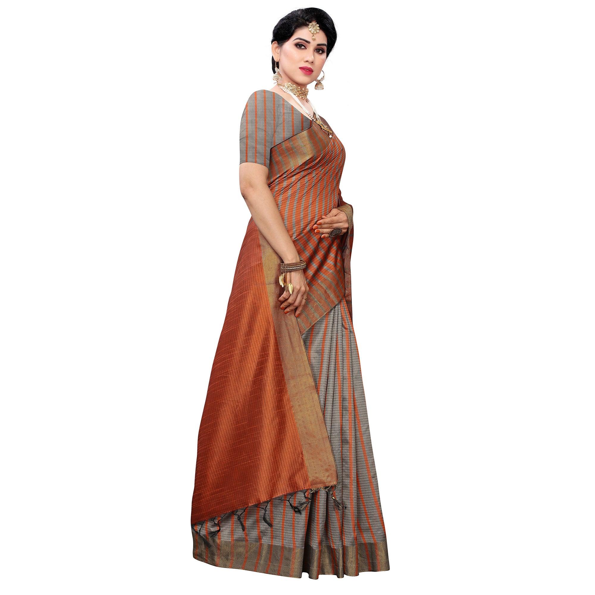 Surpassing Brown Colored Festive Wear Cotton Silk Saree With Tassels - Peachmode