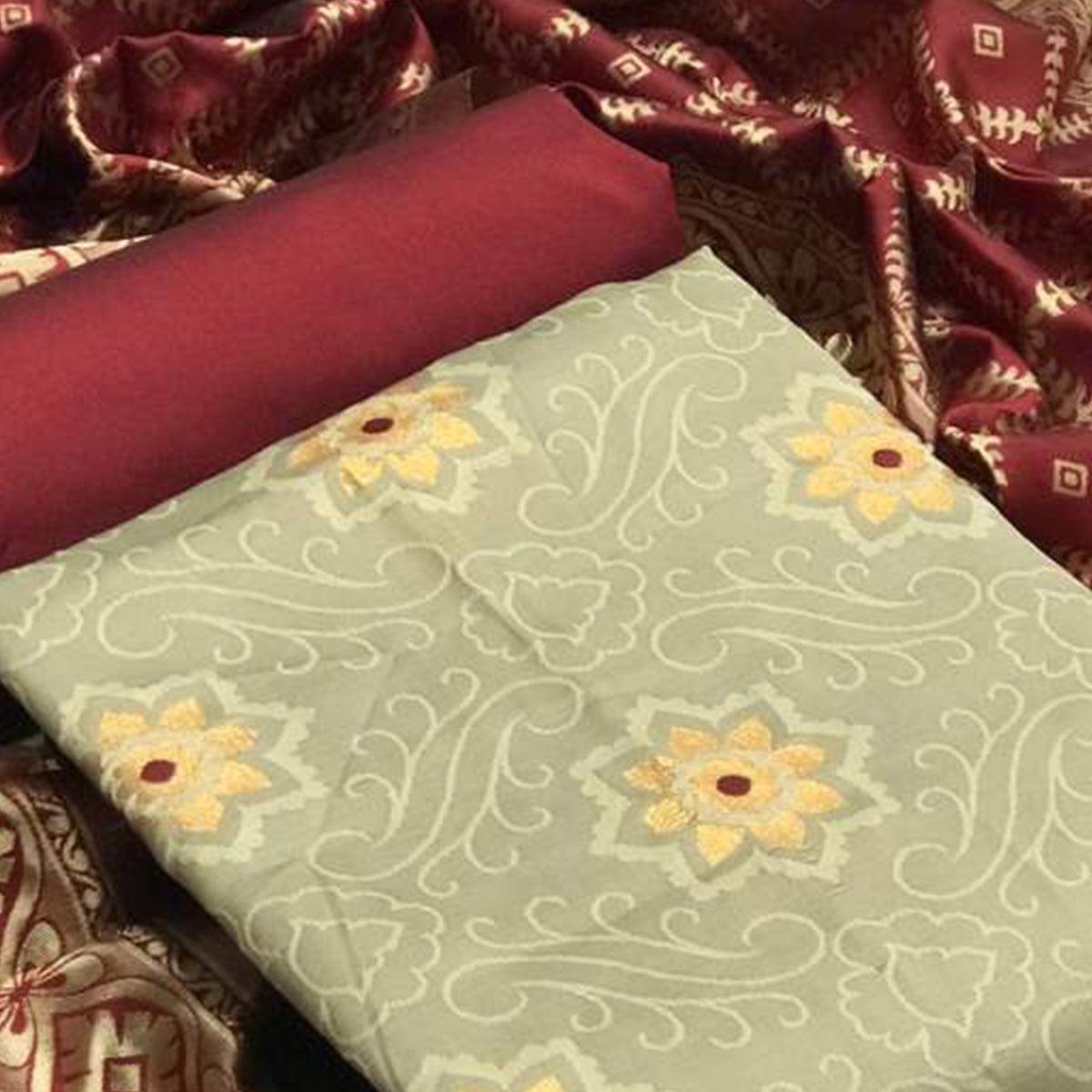 Surpassing Chiku Colored Casual Wear Banarasi Silk Dress Material - Peachmode