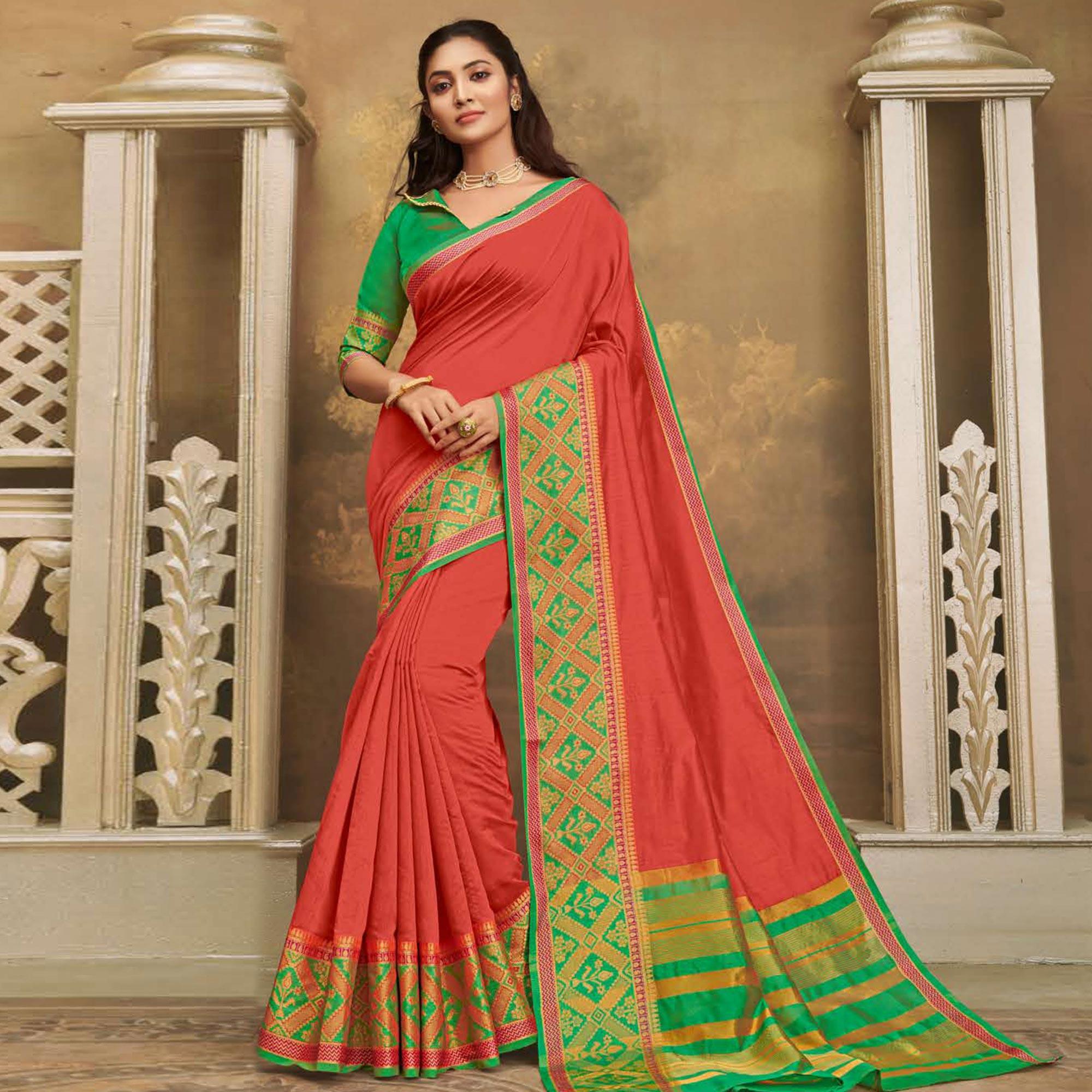 Surpassing Dark Peach Colored Festive Wear Woven Cotton Handloom Saree - Peachmode